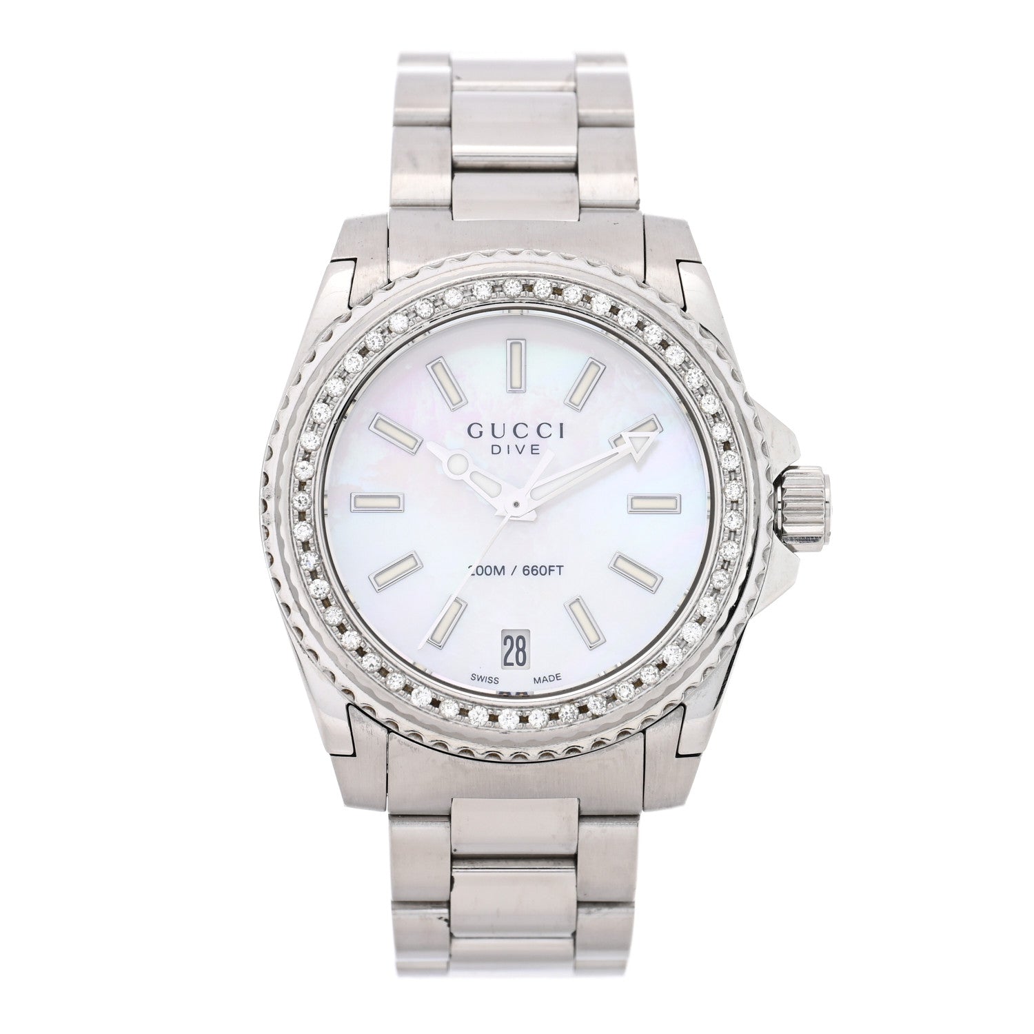 Gucci Stainless Steel Diamond Mother of Pearl 32mm Dive Quartz Watch