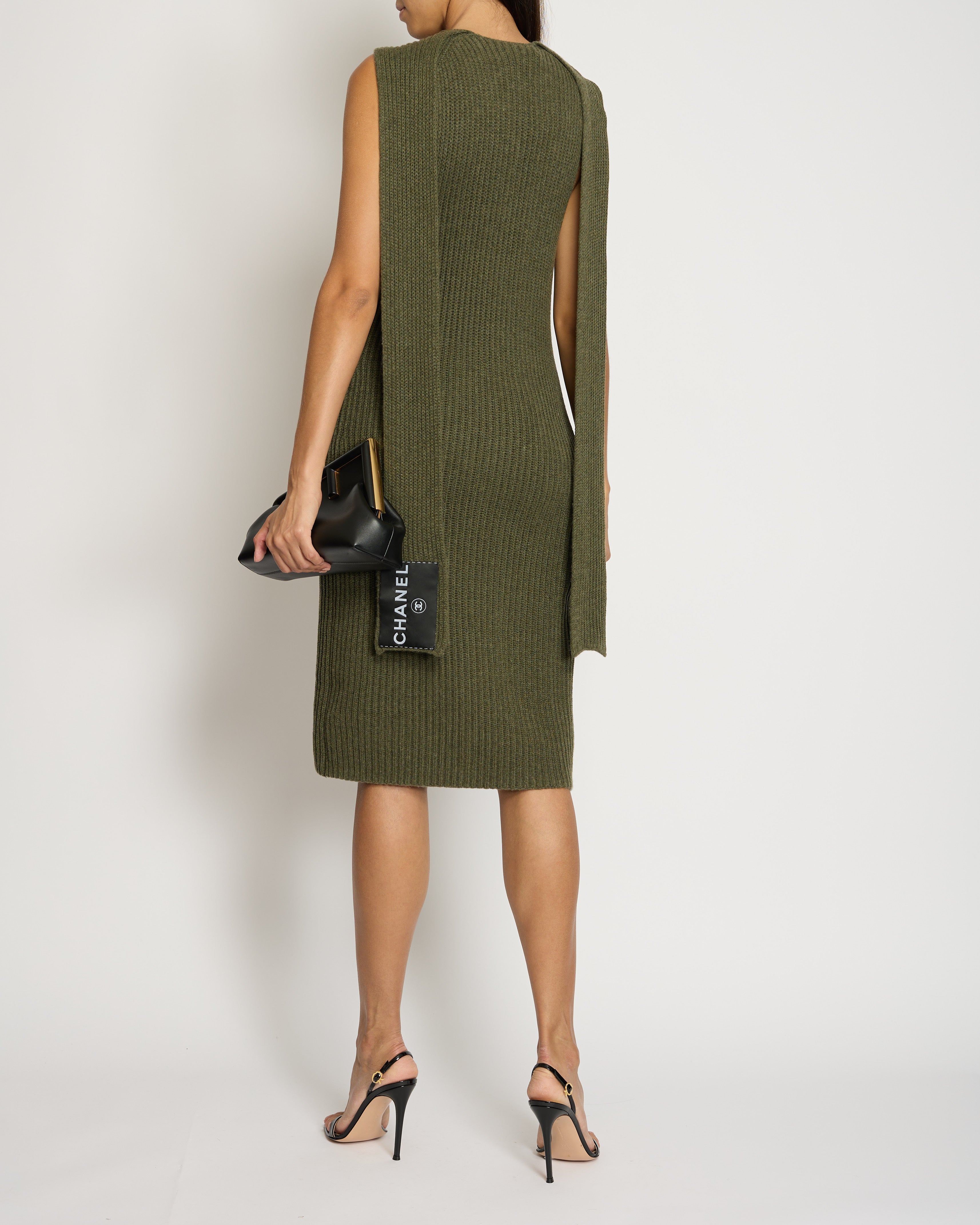Chanel 08/C Khaki Knitted Maxi Dress with Logo Neck Tie Detail FR 38 (UK 10)
