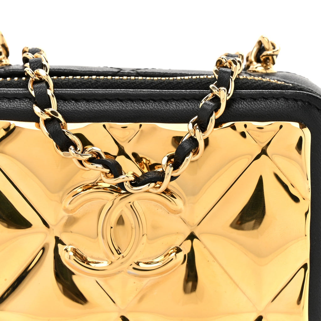 Chanel Lambskin Quilted Mini Golden Plate Clutch With Chain Black
