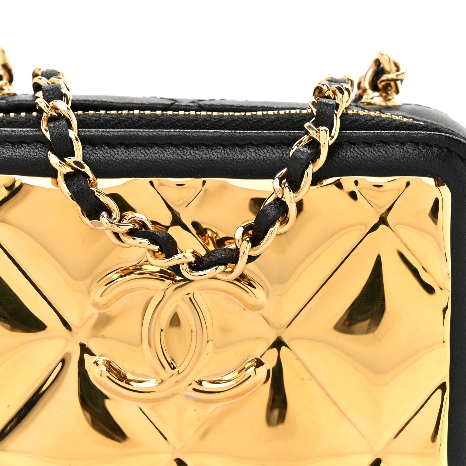 Chanel Lambskin Quilted Mini Golden Plate Clutch With Chain Black