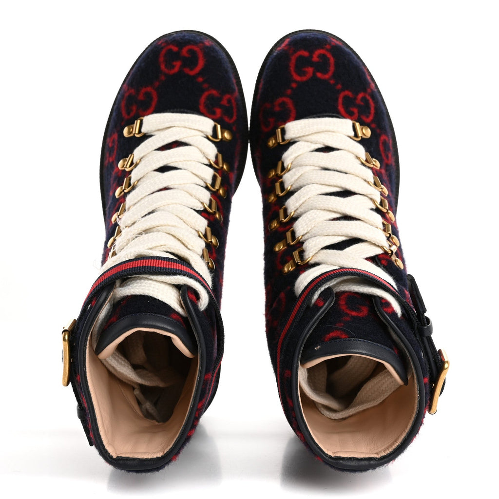 Gucci Covered Wool Big GG Monogram Womens Lace Up Combat Ankle Boots 37 Blue Red