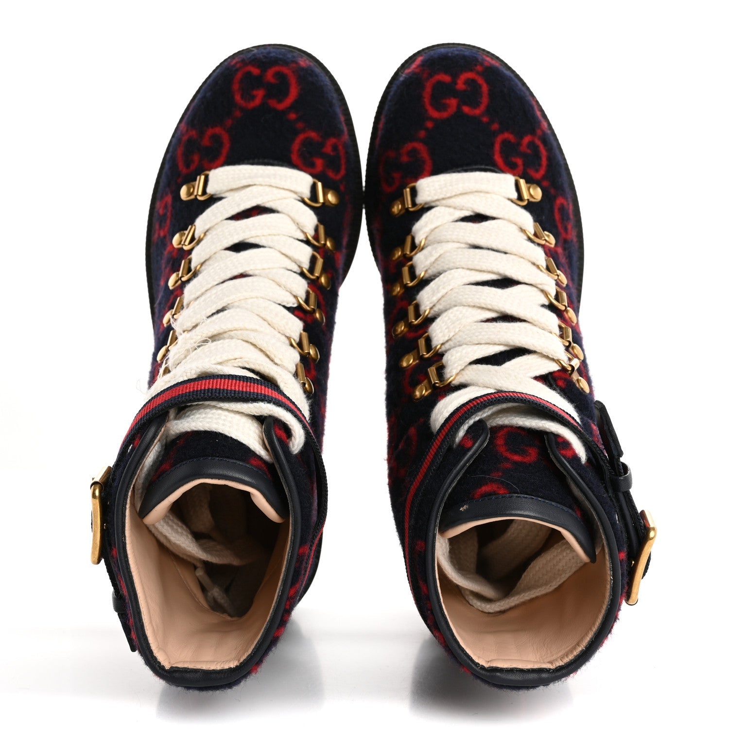 Gucci Covered Wool Big GG Monogram Womens Lace Up Combat Ankle Boots 37 Blue Red