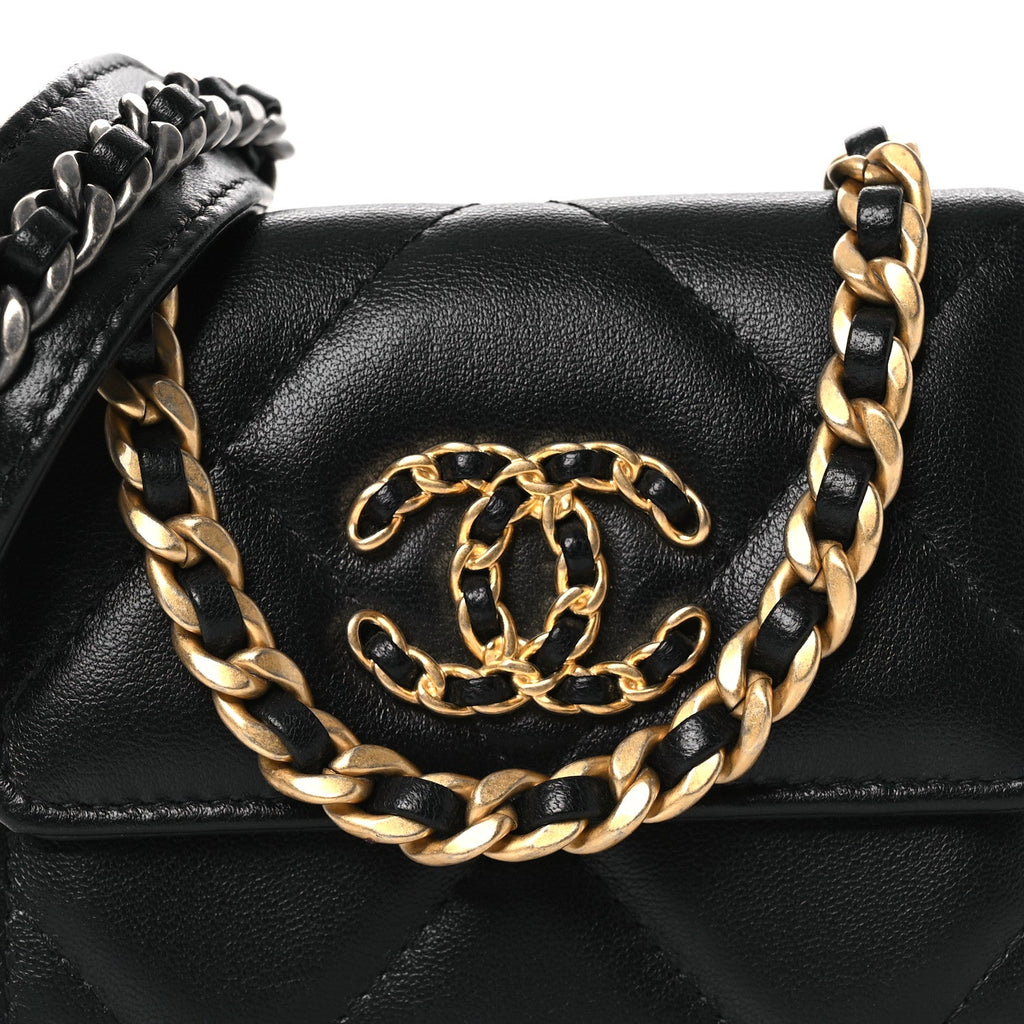 Chanel Lambskin Quilted Chanel 19 Flap Coin Purse With Chain Black