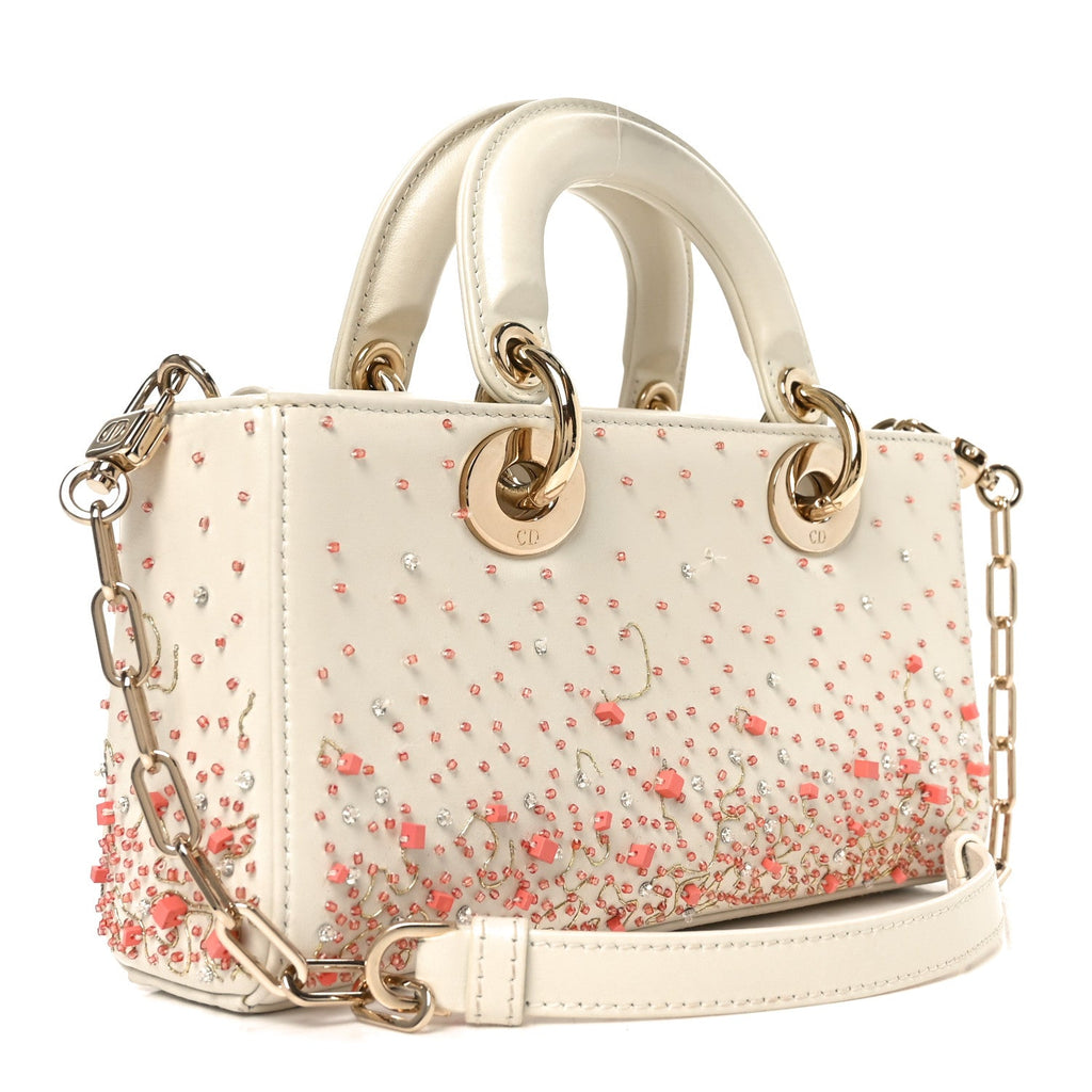 Christian Dior Calfskin Embroidered Small Lady D-Joy White Multicolor