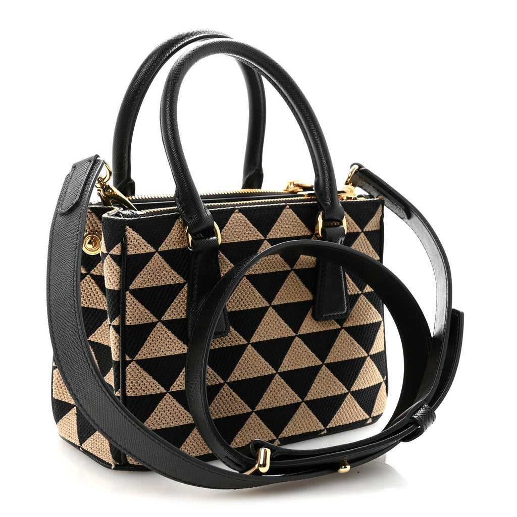 Prada Jacquard Saffiano Triangolo Symbole Embroidered Mini Galleria Double Zip Tote Black Corda