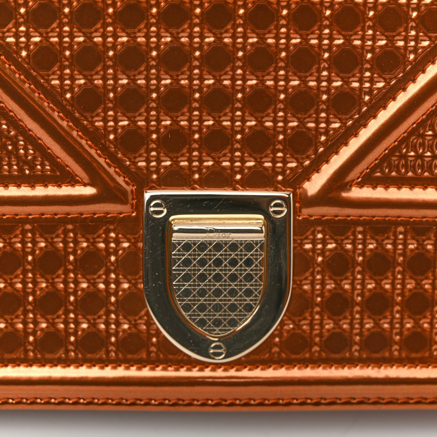 Christian Dior Metallic Patent Micro-Cannage Diorama Wallet on Chain Pouch Orange