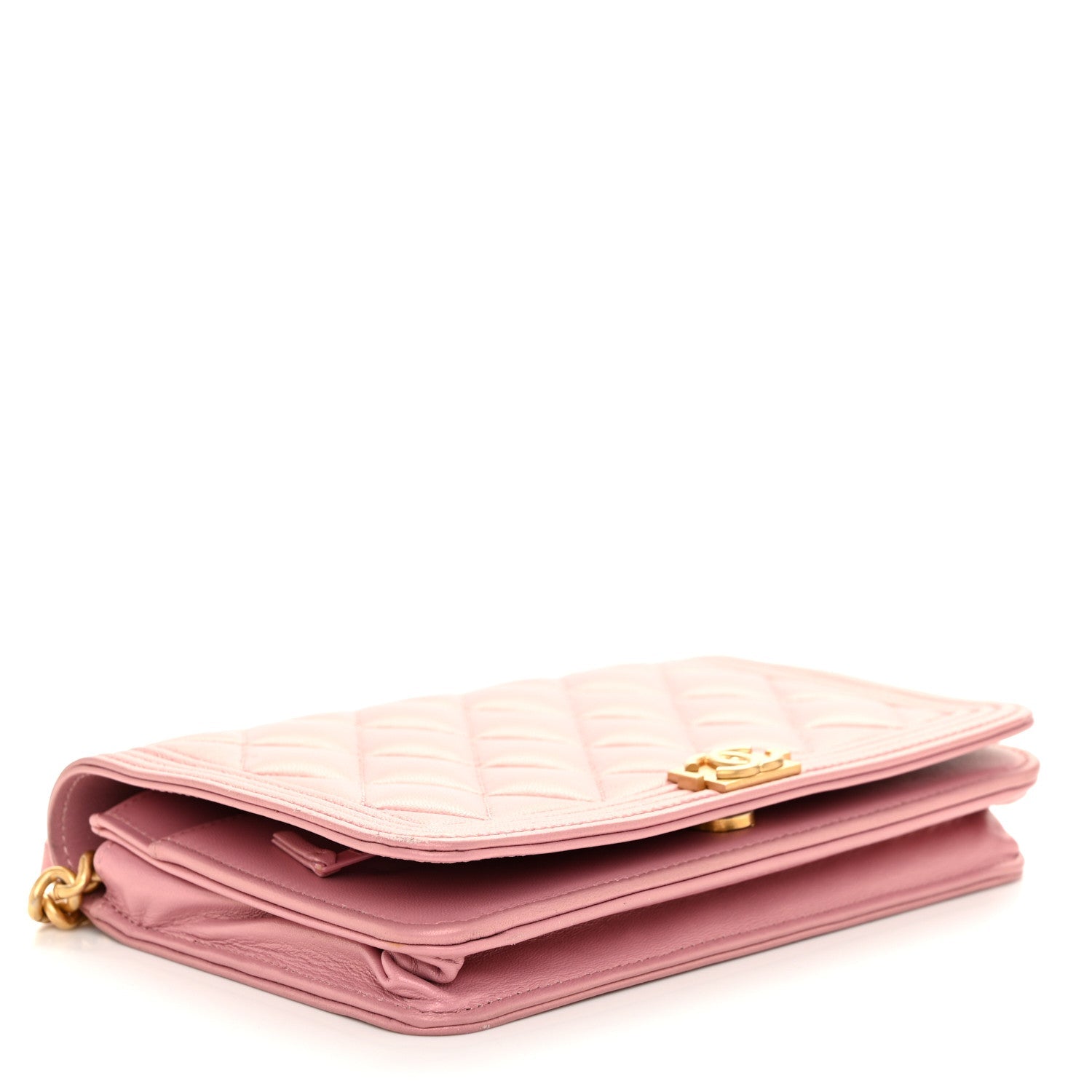 Chanel Metallic Lambskin Quilted Boy Wallet On Chain WOC Pink
