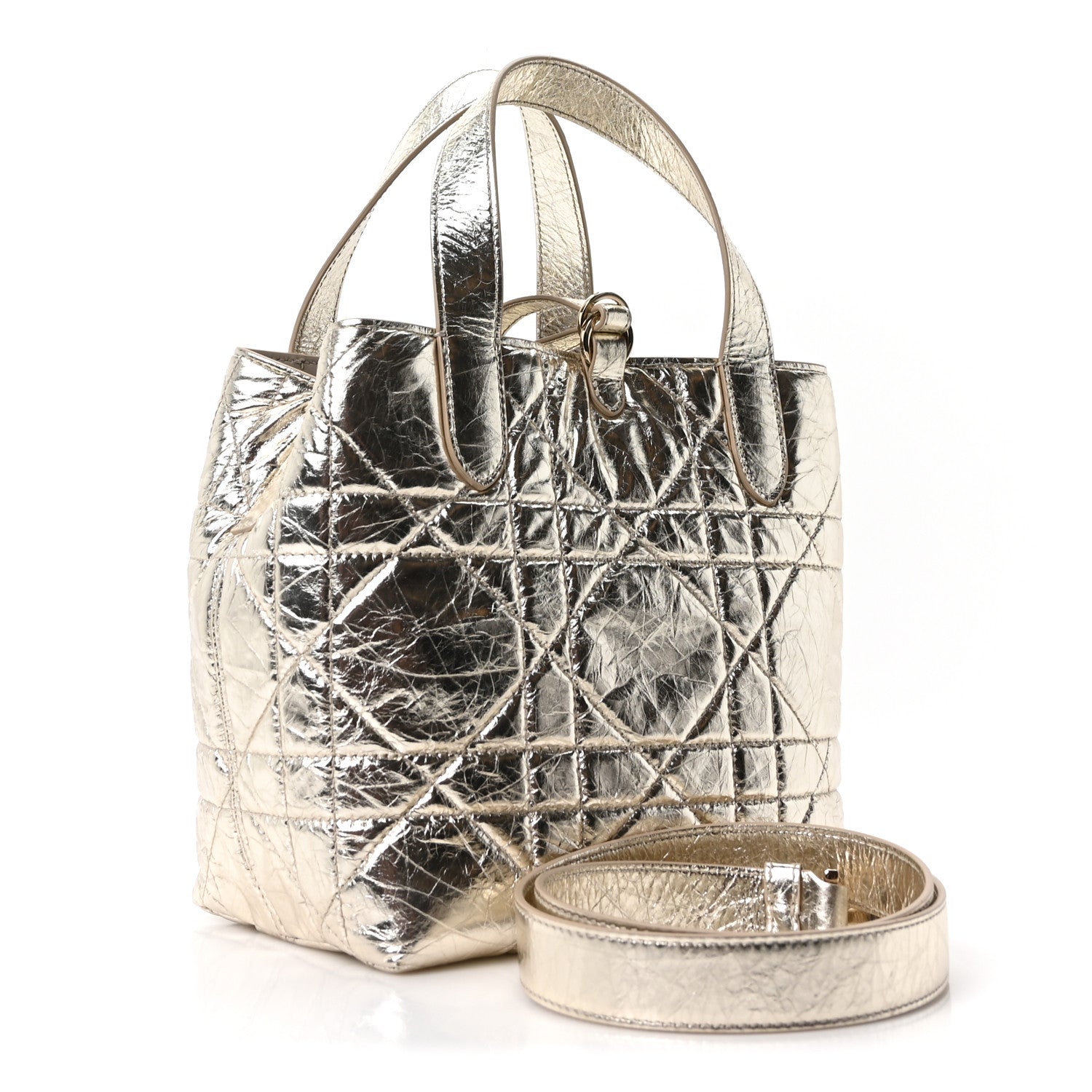 Christian Dior Metallic Calfskin Macrocannage Small Toujours Vertical Tote Gold