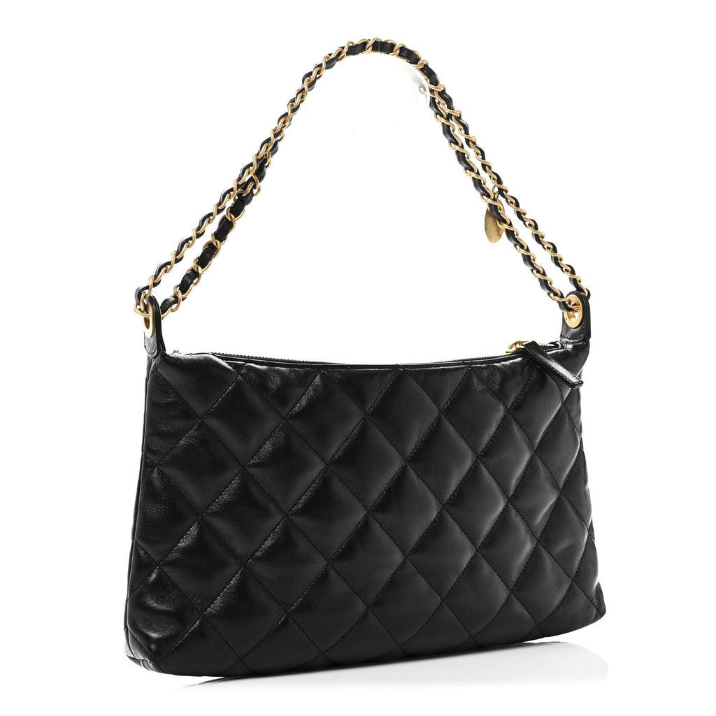 Chanel Shiny Lambskin Quilted CC Hobo Black
