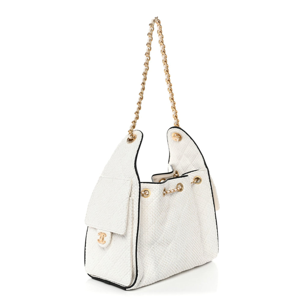 Chanel Braided Raffia Calfskin Quilted Small Chanel 25 Handbag White Black