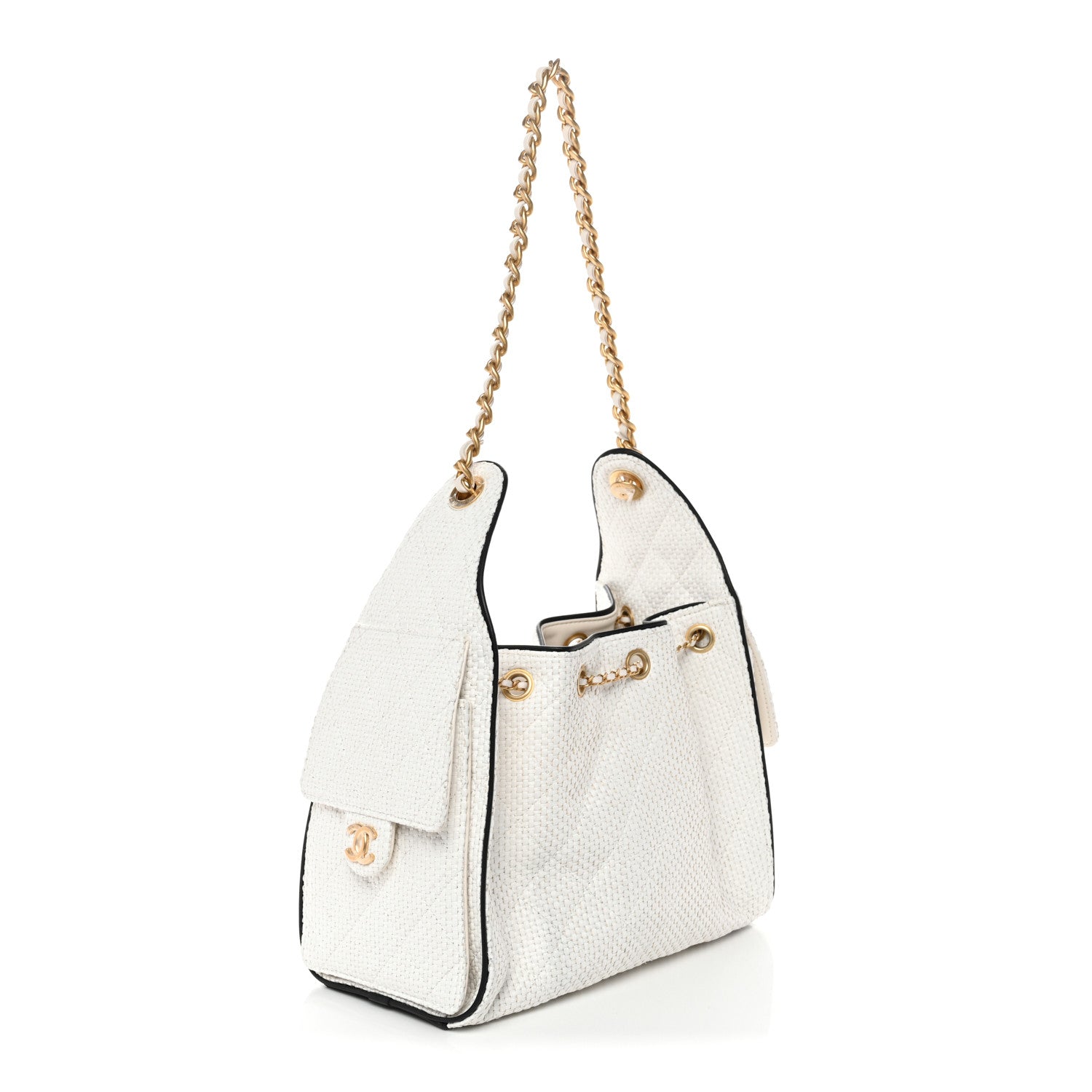 Chanel Braided Raffia Calfskin Quilted Small Chanel 25 Handbag White Black