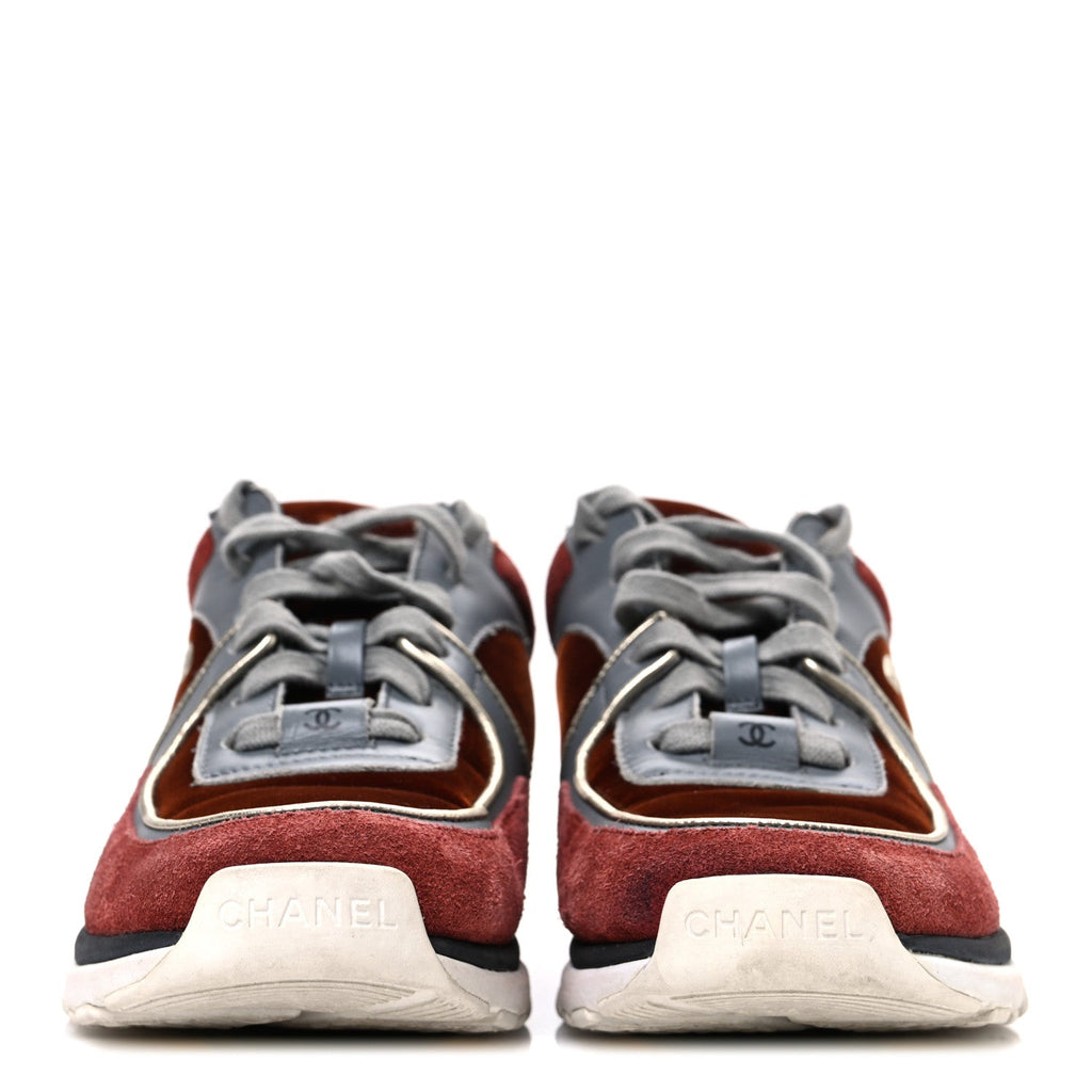 Chanel Suede Velvet Lambskin CC Sneakers 36 Burgundy Grey