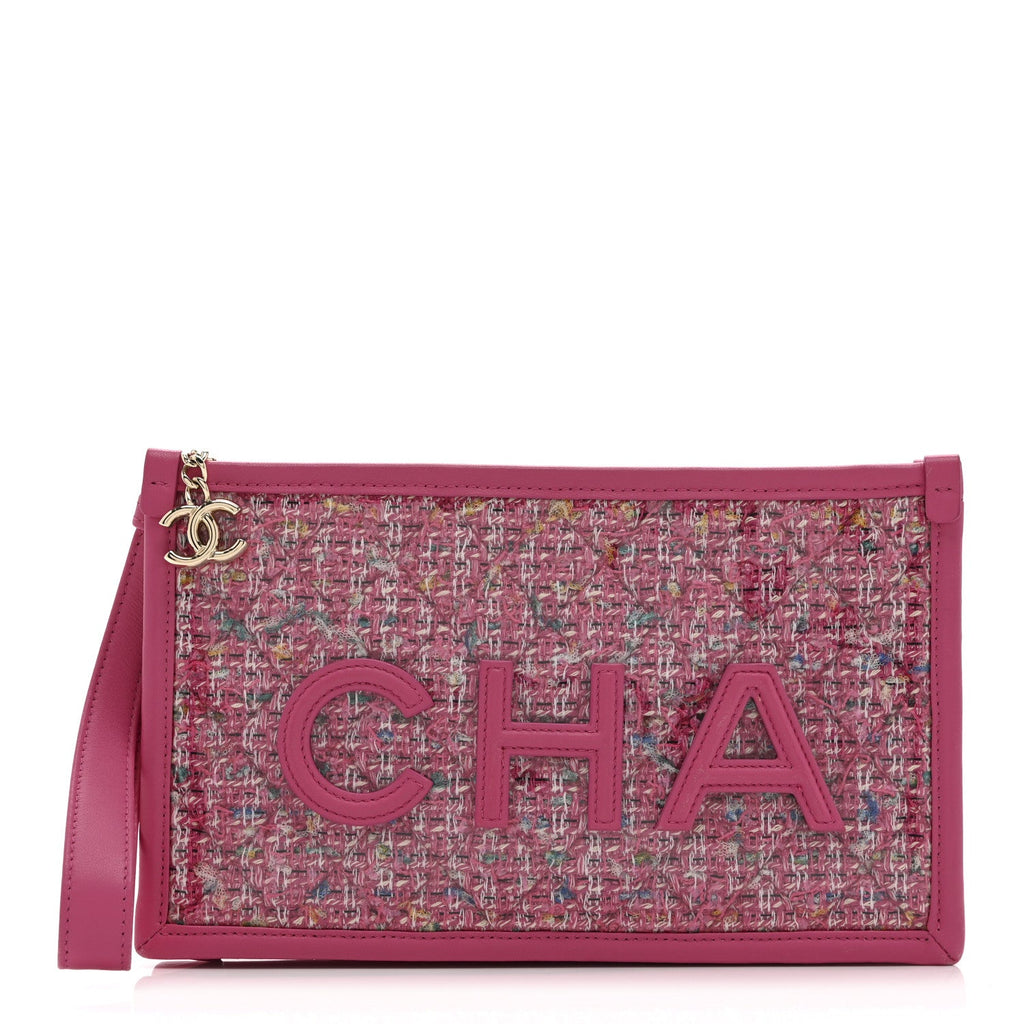 Chanel Tweed PVC Lambskin Wristlet Pouch Pink