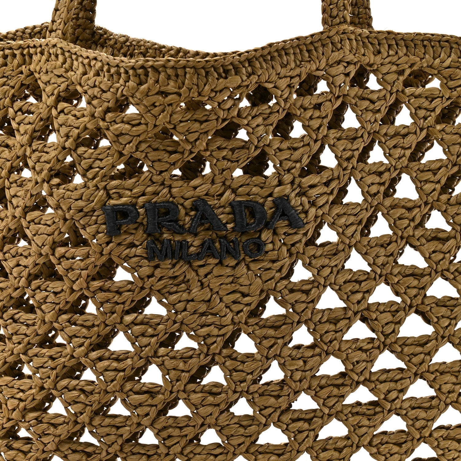 Prada Yarn Raffia Effect Embroidered Logo Tote Oliva