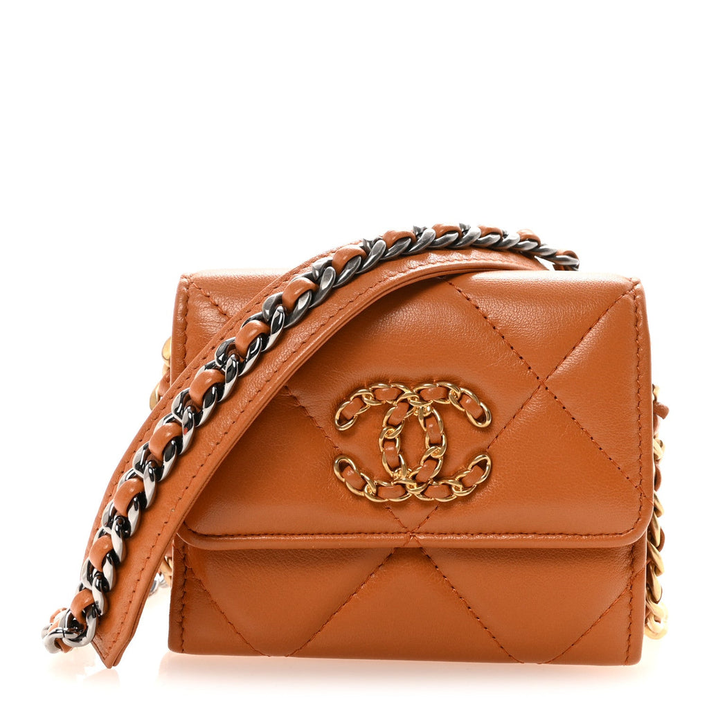 Chanel Lambskin Quilted Chanel 19 Flap Coin Purse With Chain Light Brown