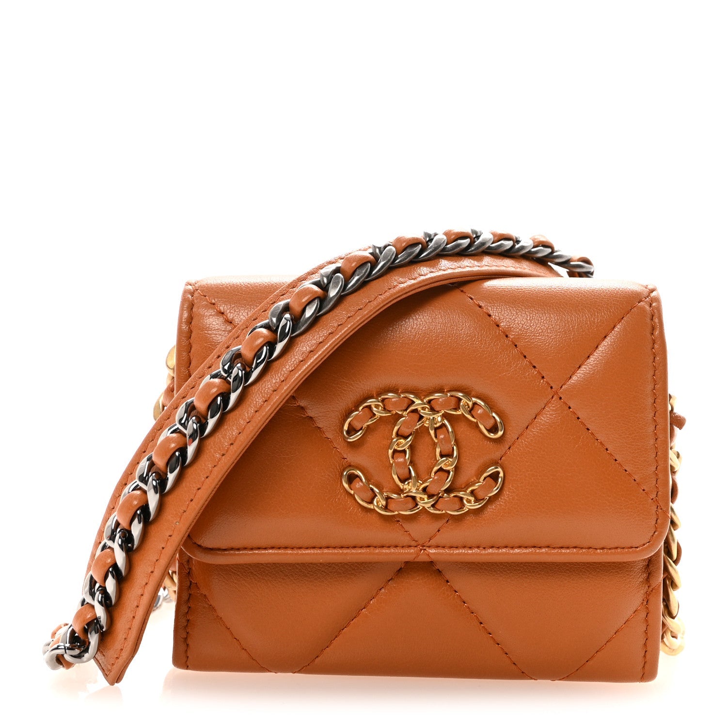 Chanel Lambskin Quilted Chanel 19 Flap Coin Purse With Chain Light Brown