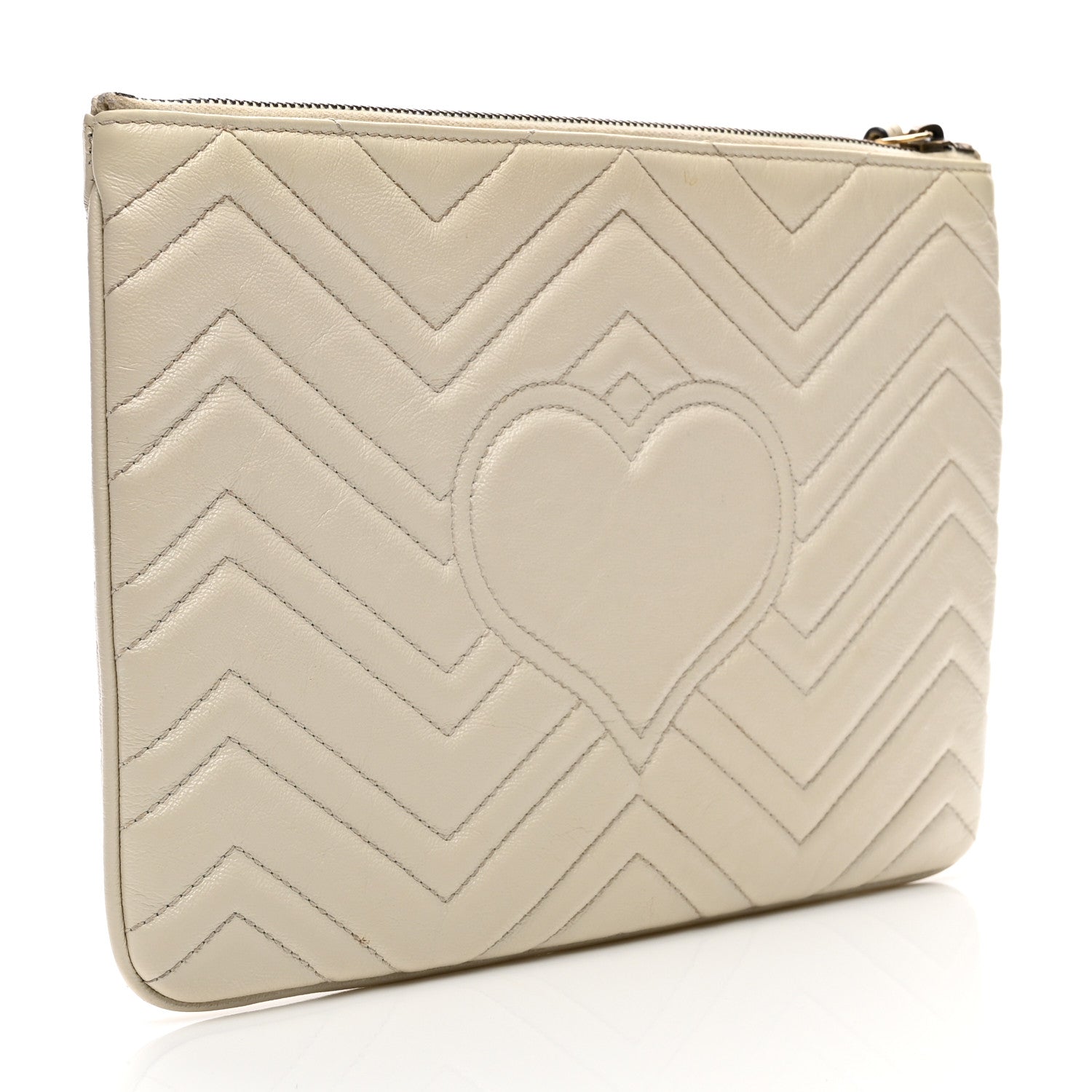 Gucci Calfskin Matelasse Chevron Heart GG Marmont Clutch Mystic White