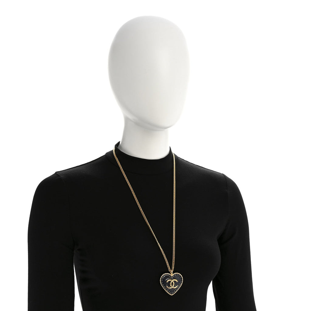 Metal Enamel CC Denim Heart Necklace Gold