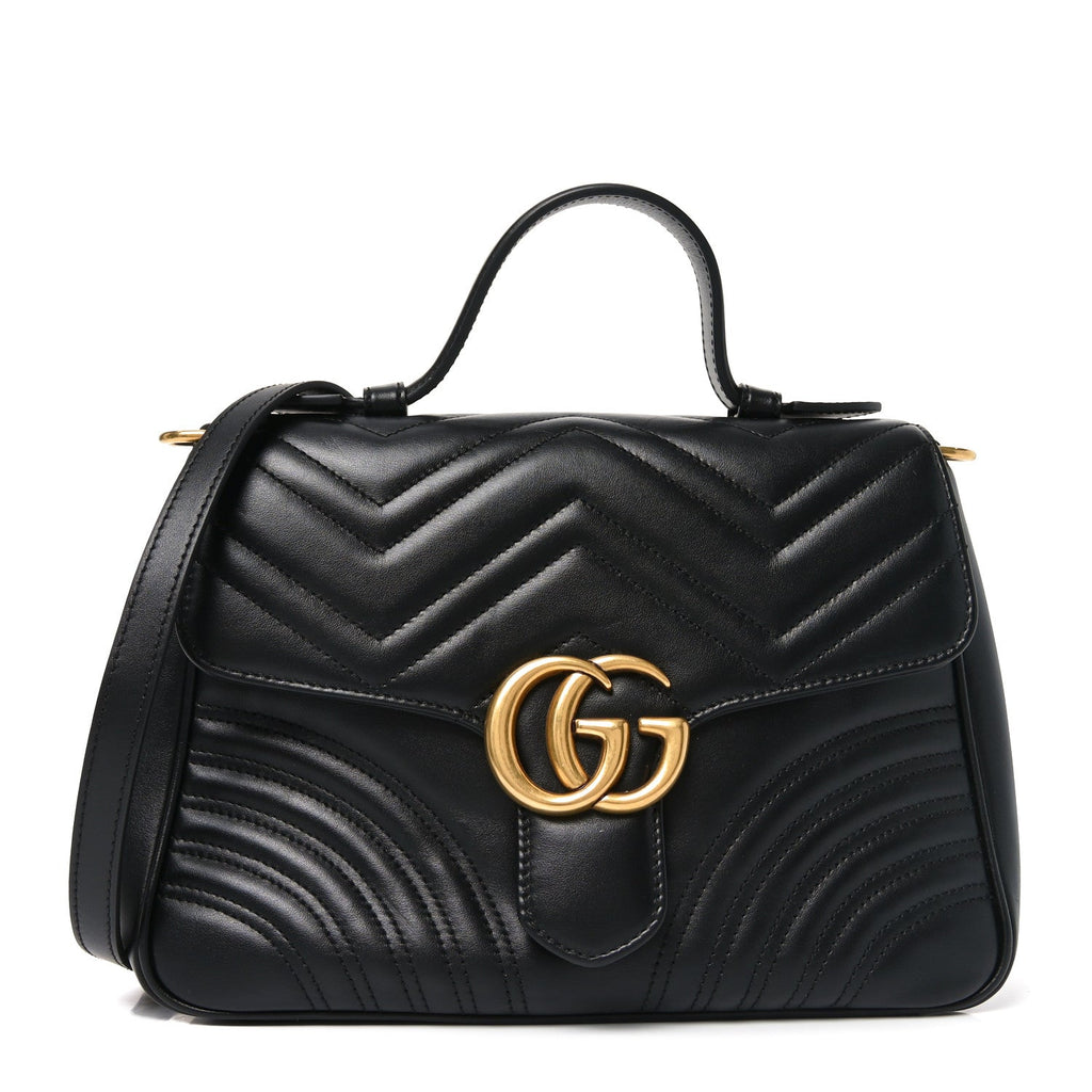 Gucci Calfskin Matelasse Small GG Marmont Top Handle Shoulder Bag Black