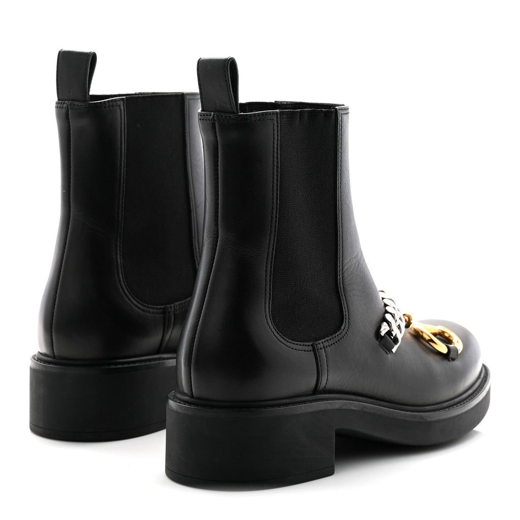 Gucci Flores Calfskin Horsebit Chain Ankle Boots 35.5 Black