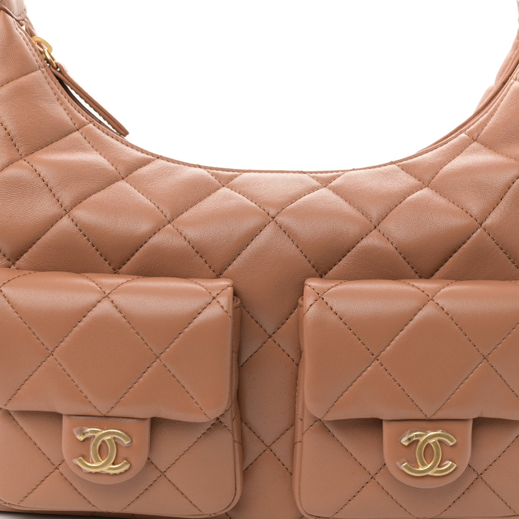 Chanel Shiny Lambskin Quilted Trendy Pockets Hobo Brown
