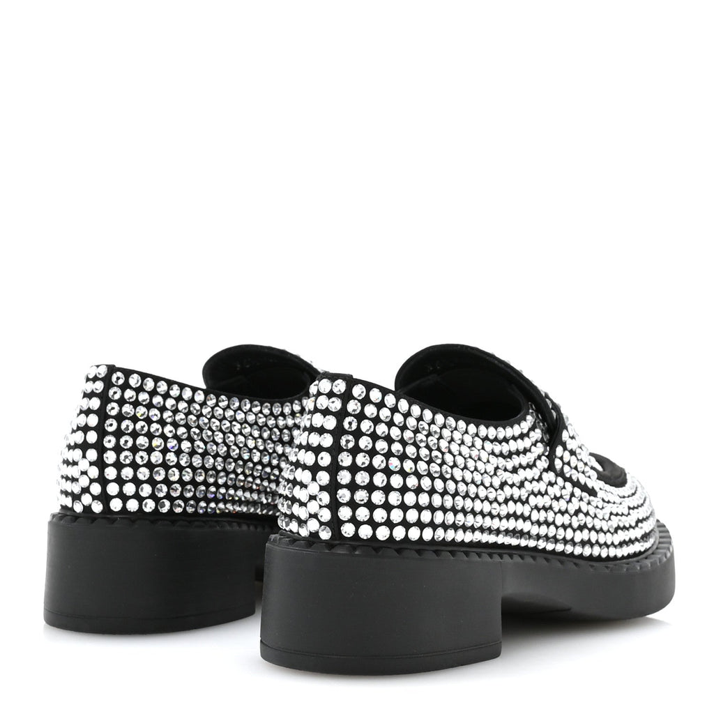 Prada Satin Crystal Metal Triangle Logo 50mm Loafers 36.5 Cristal