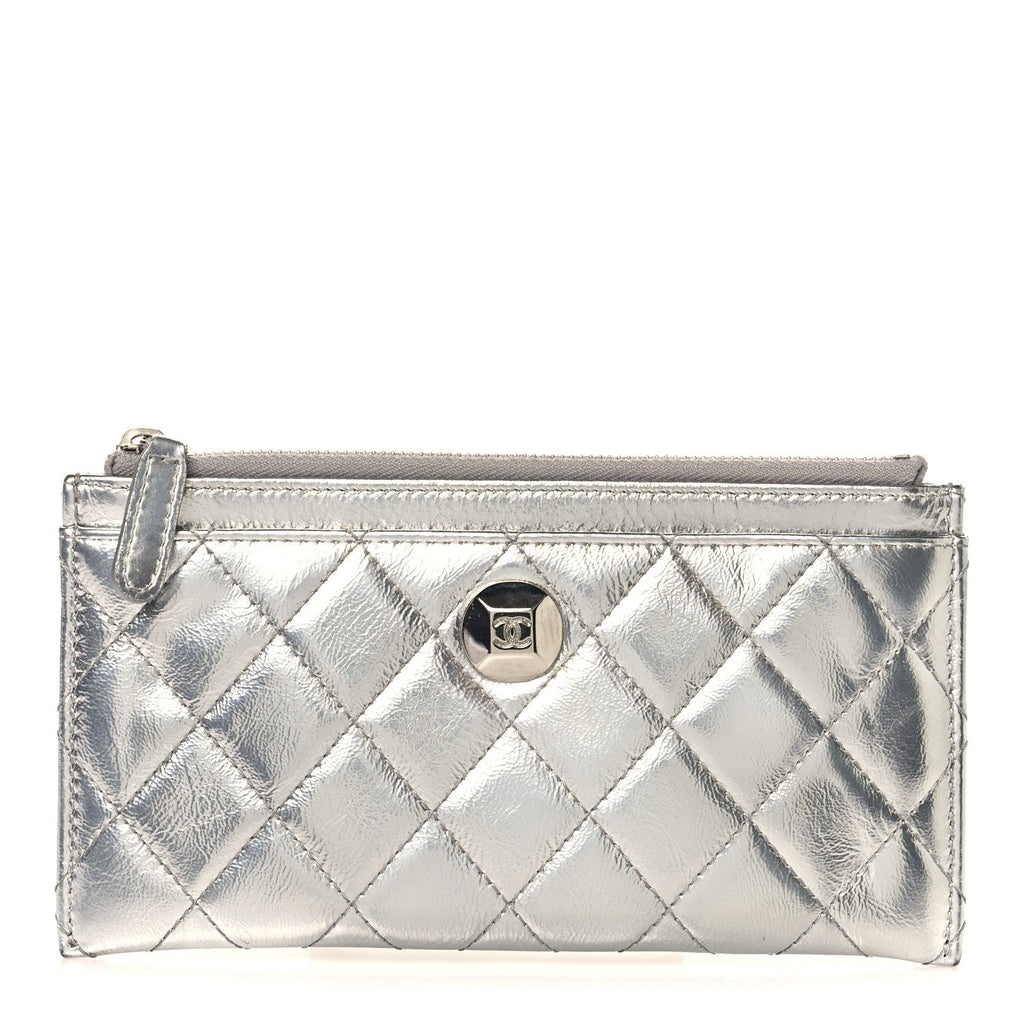 Metallic Calfskin Quilted Zip Pouch Silver
