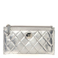 Metallic Calfskin Quilted Zip Pouch Silver