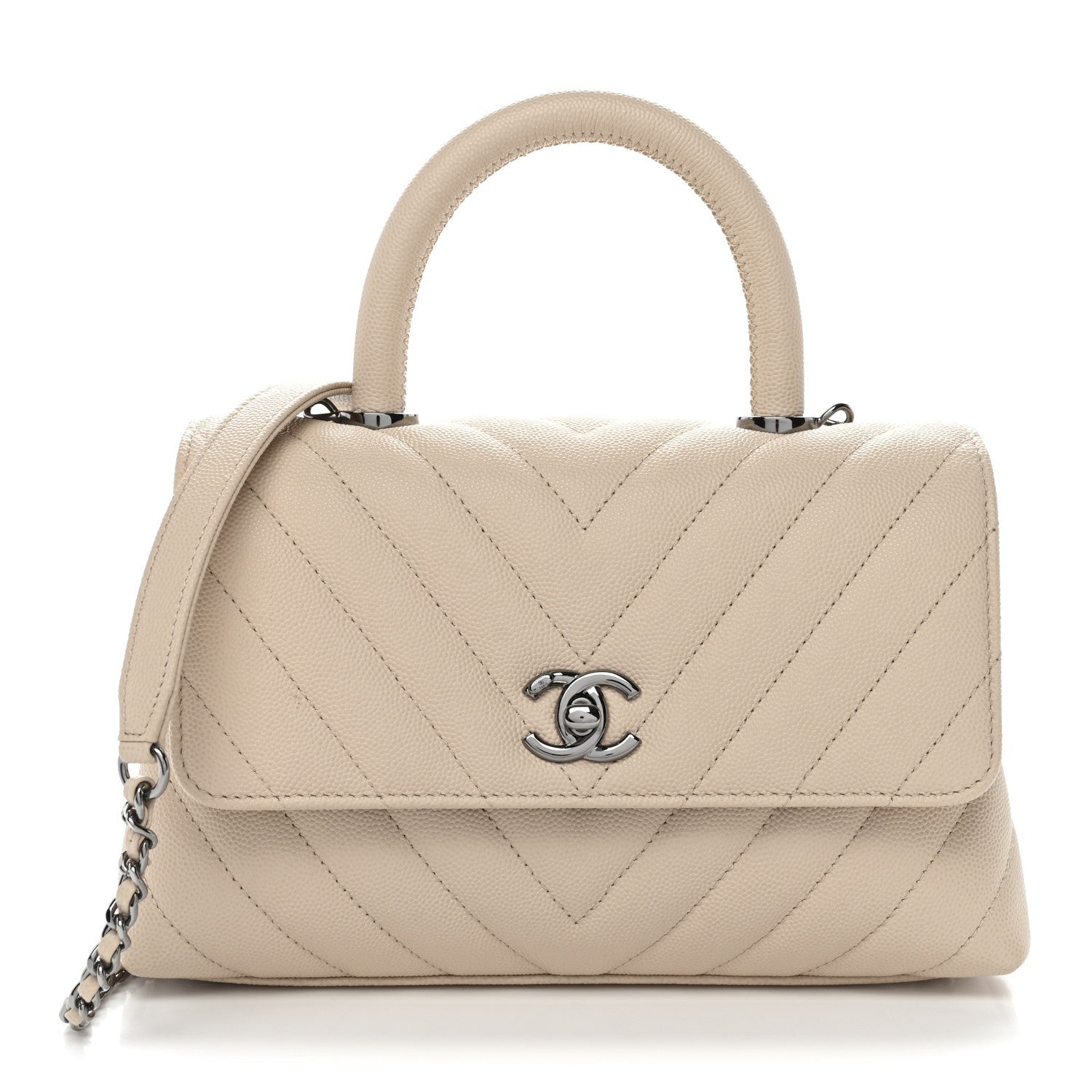 Chanel Caviar Chevron Quilted Mini Coco Handle Flap Beige