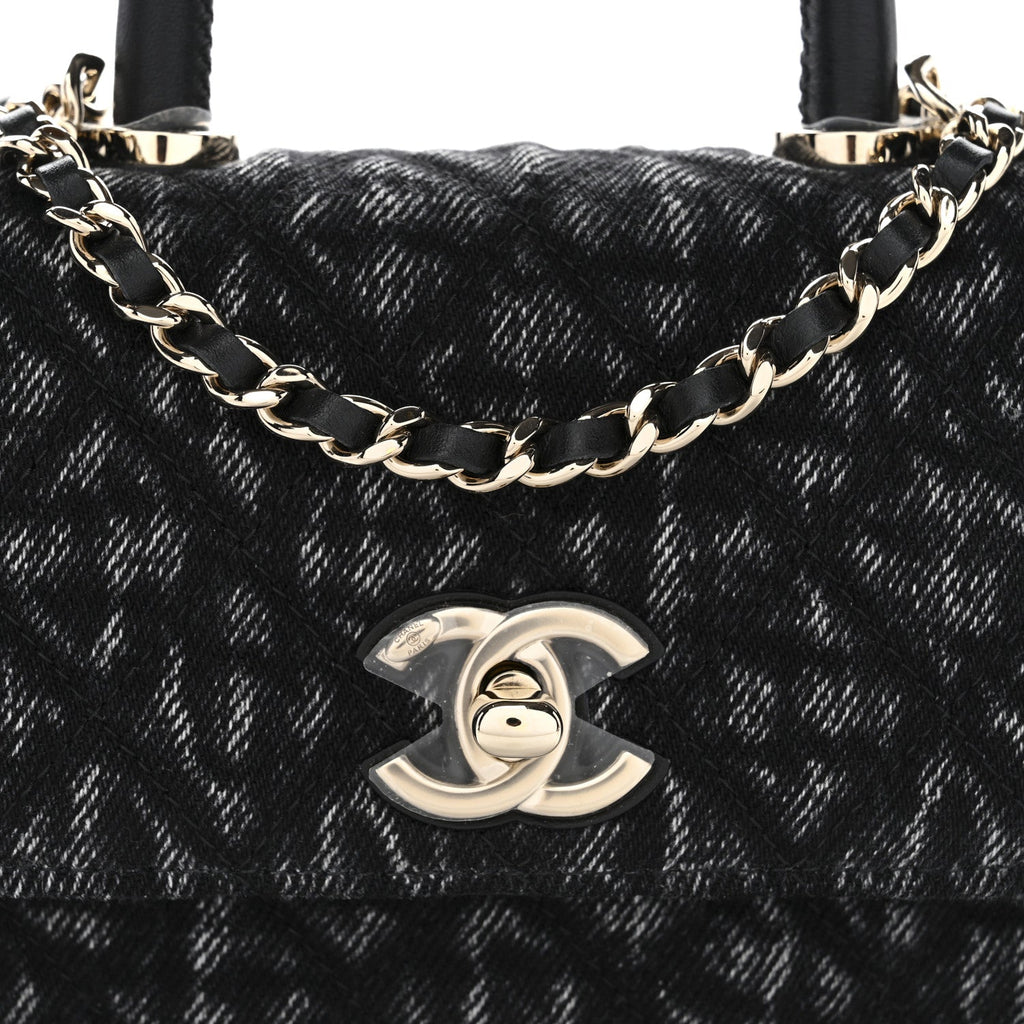 Chanel Washed Denim Quilted Coco Handle Clutch With Chain Black