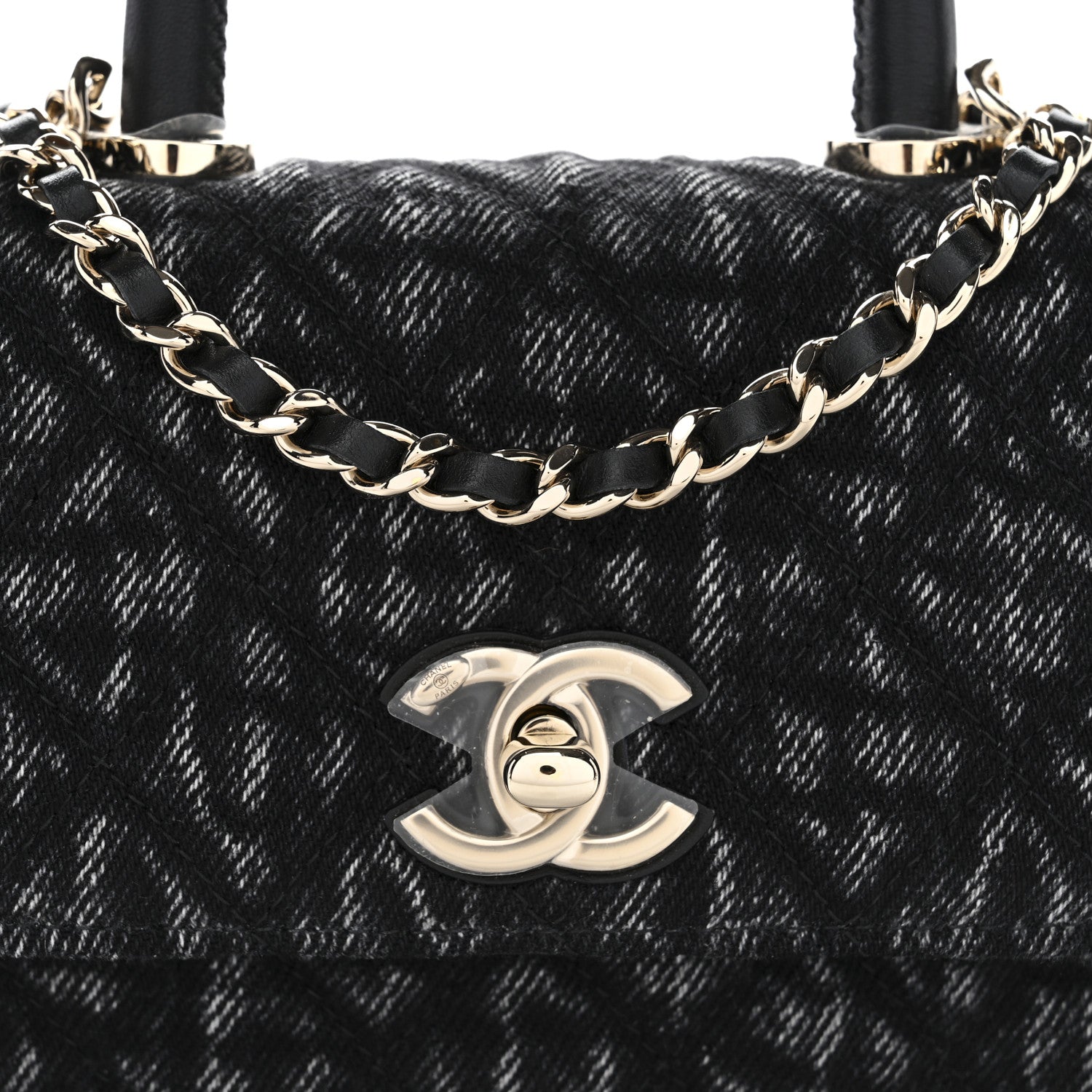 Chanel Washed Denim Quilted Coco Handle Clutch With Chain Black