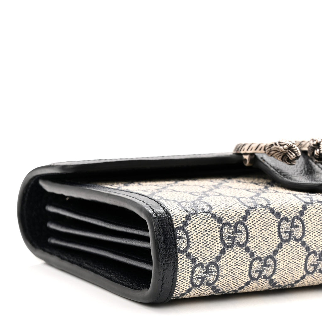 Gucci GG Supreme Monogram Textured Dollar Calfskin Mini Dionysus Chain Wallet Beige Blue