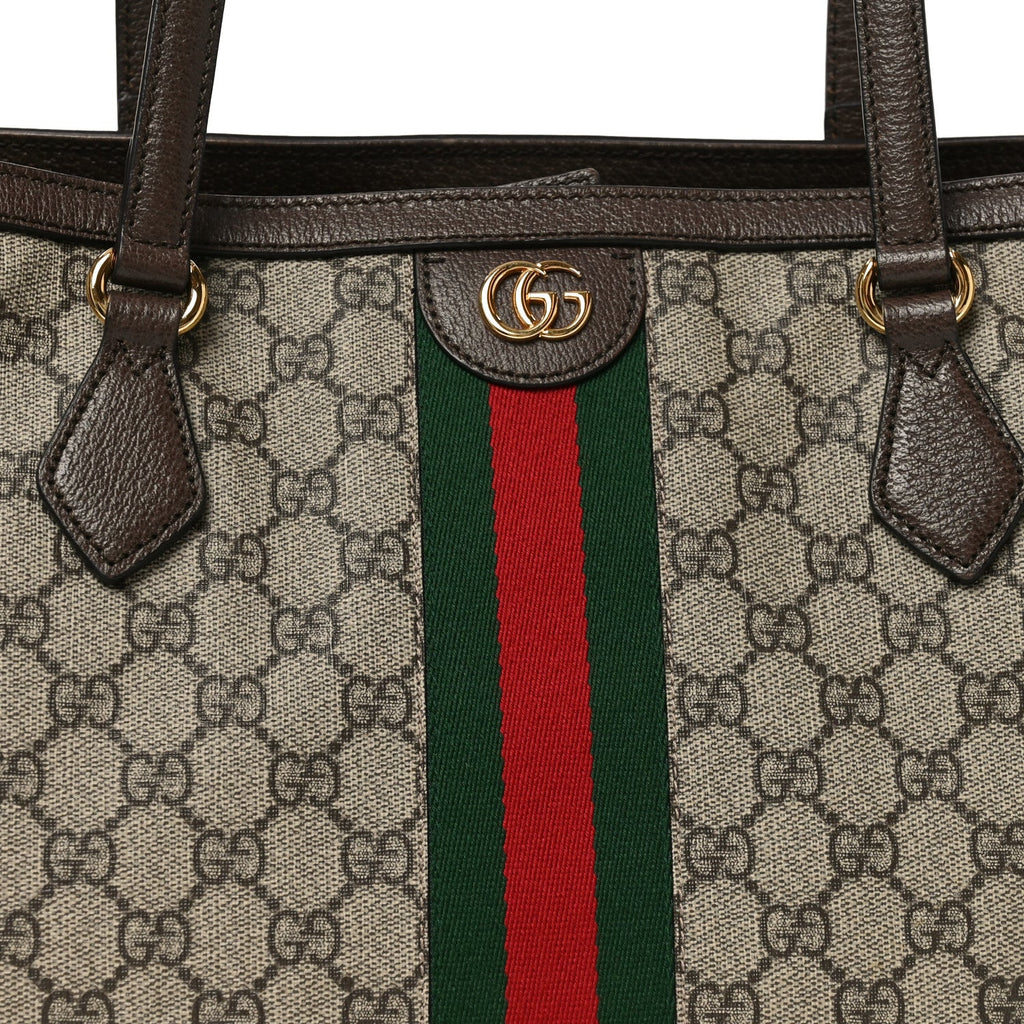 Gucci GG Supreme Monogram Textured Calfskin Web Medium Ophidia Shopping Tote Beige Ebony New Acero