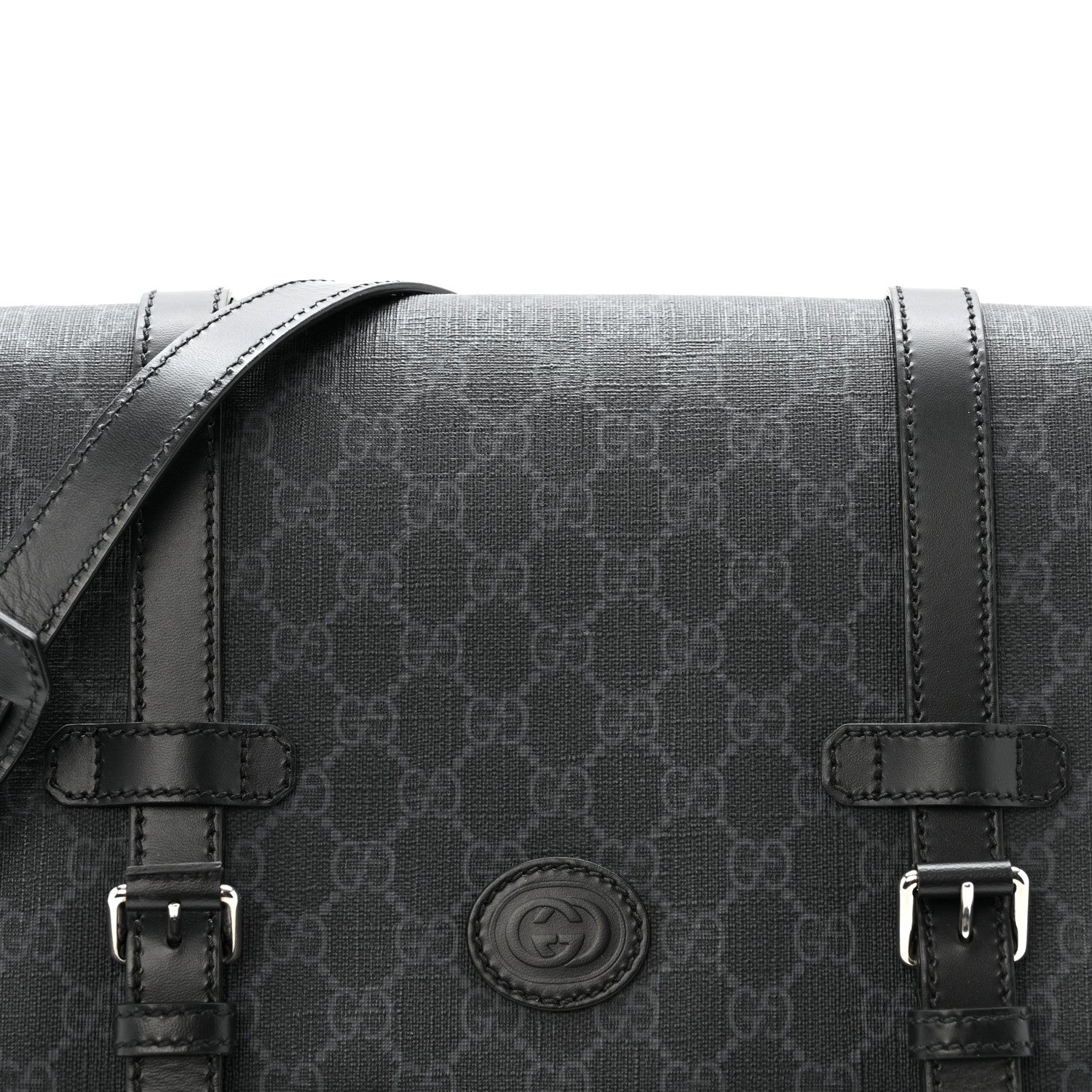 Gucci GG Supreme Monogram Textured Dollar Calfskin Retro Interlocking G Flap Messenger Bag Black