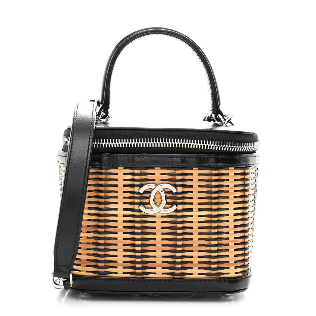 Chanel Calfskin Raffia Small Vanity Case Bag Black Beige