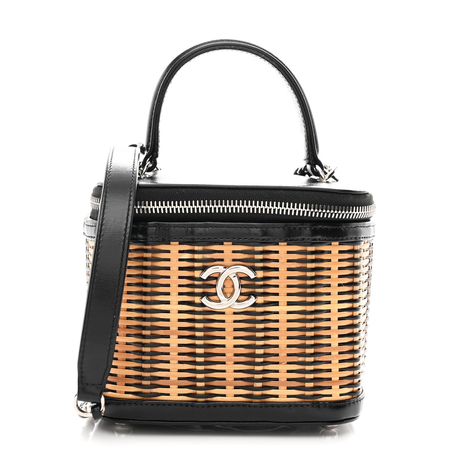Chanel Calfskin Raffia Small Vanity Case Bag Black Beige