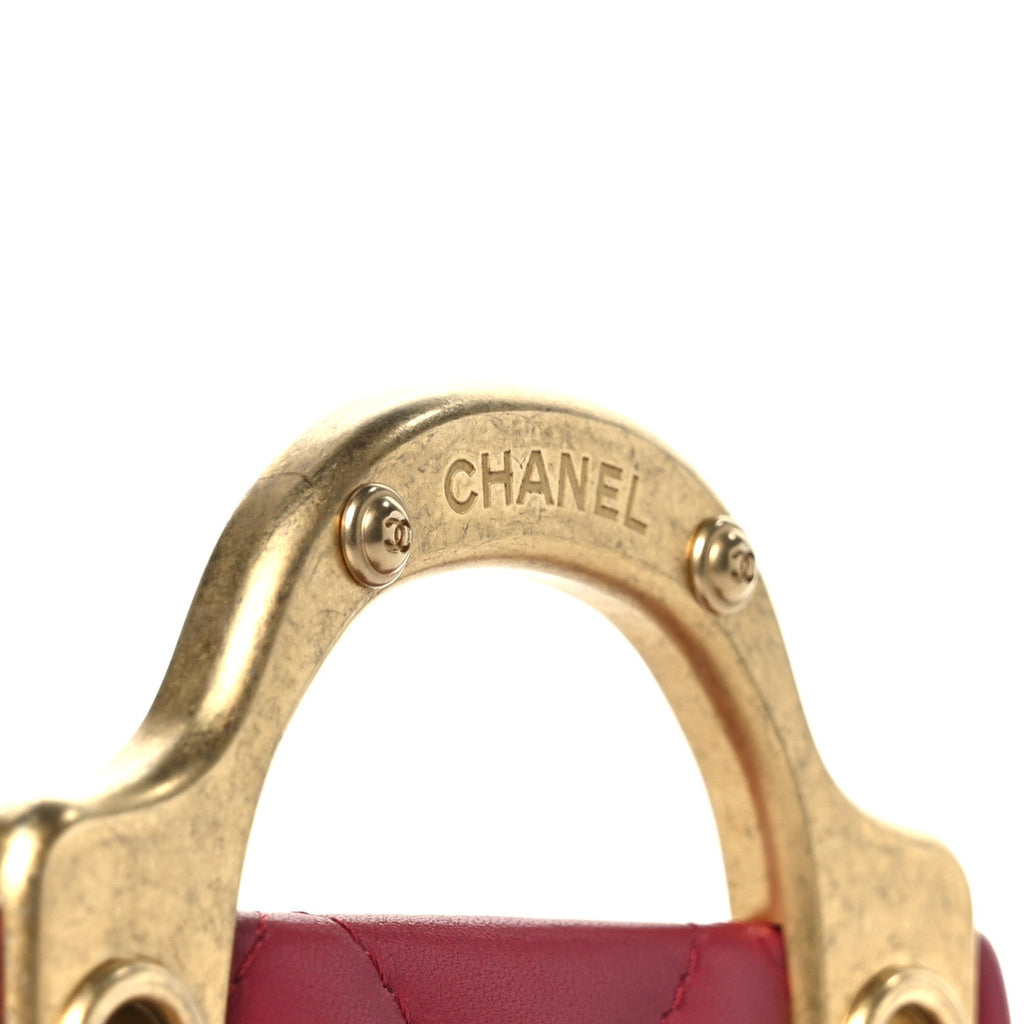 Chanel Calfskin Quilted Lady Handle Flap Card Holder With Chain Dark Pink