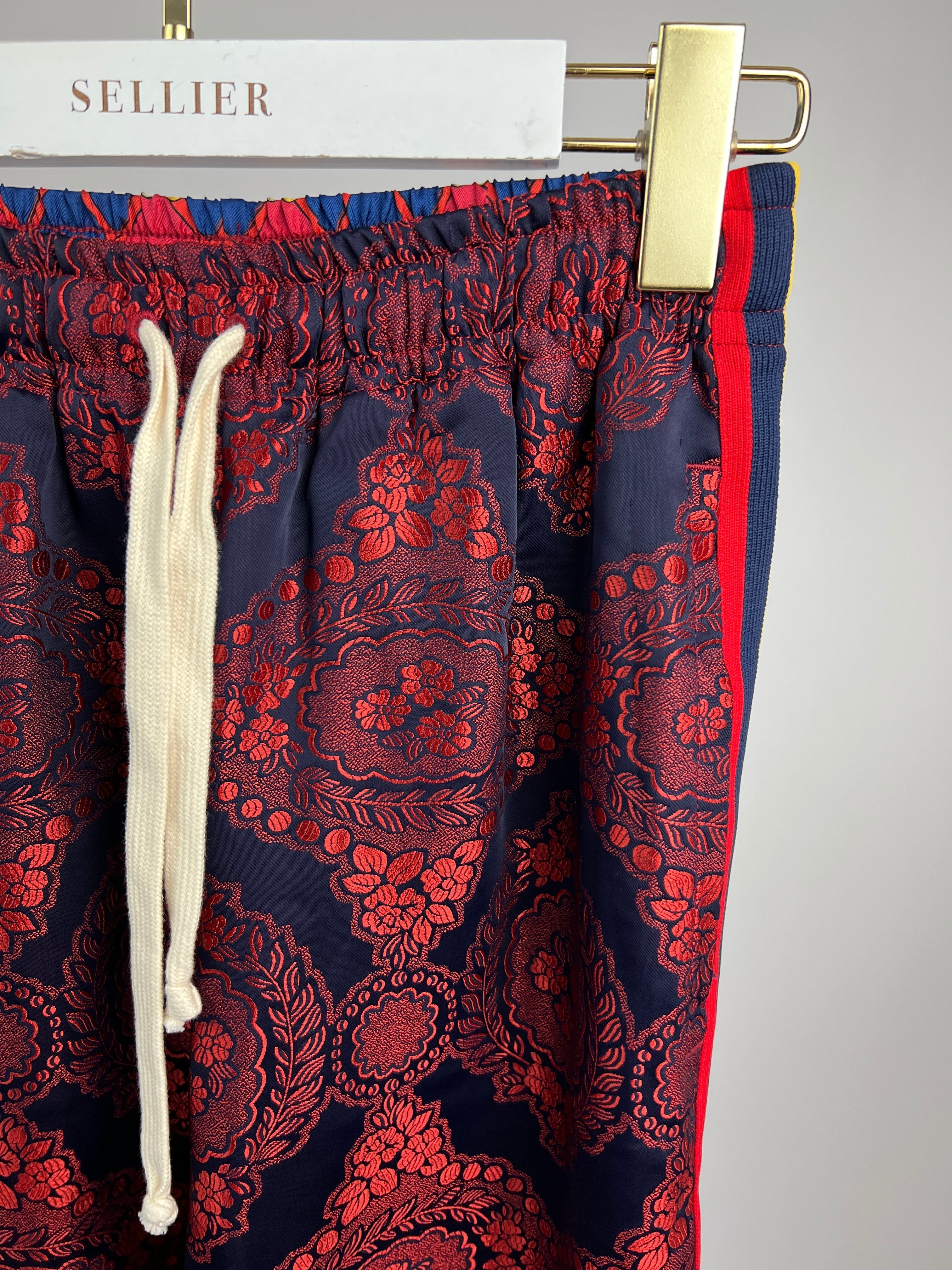 Gucci Red and Blue Silk GG & Floral Jacquard Trousers Size XXS (UK 4)