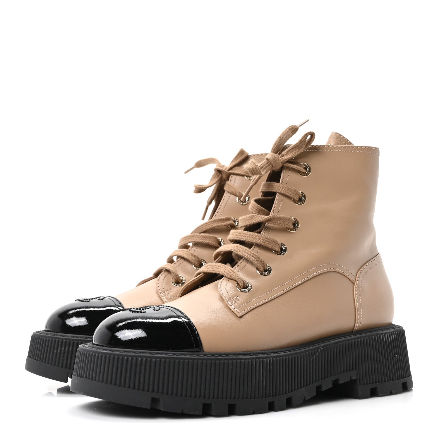 Calfskin Patent Calfskin CC Lace Up Combat Boots 39 Beige Black