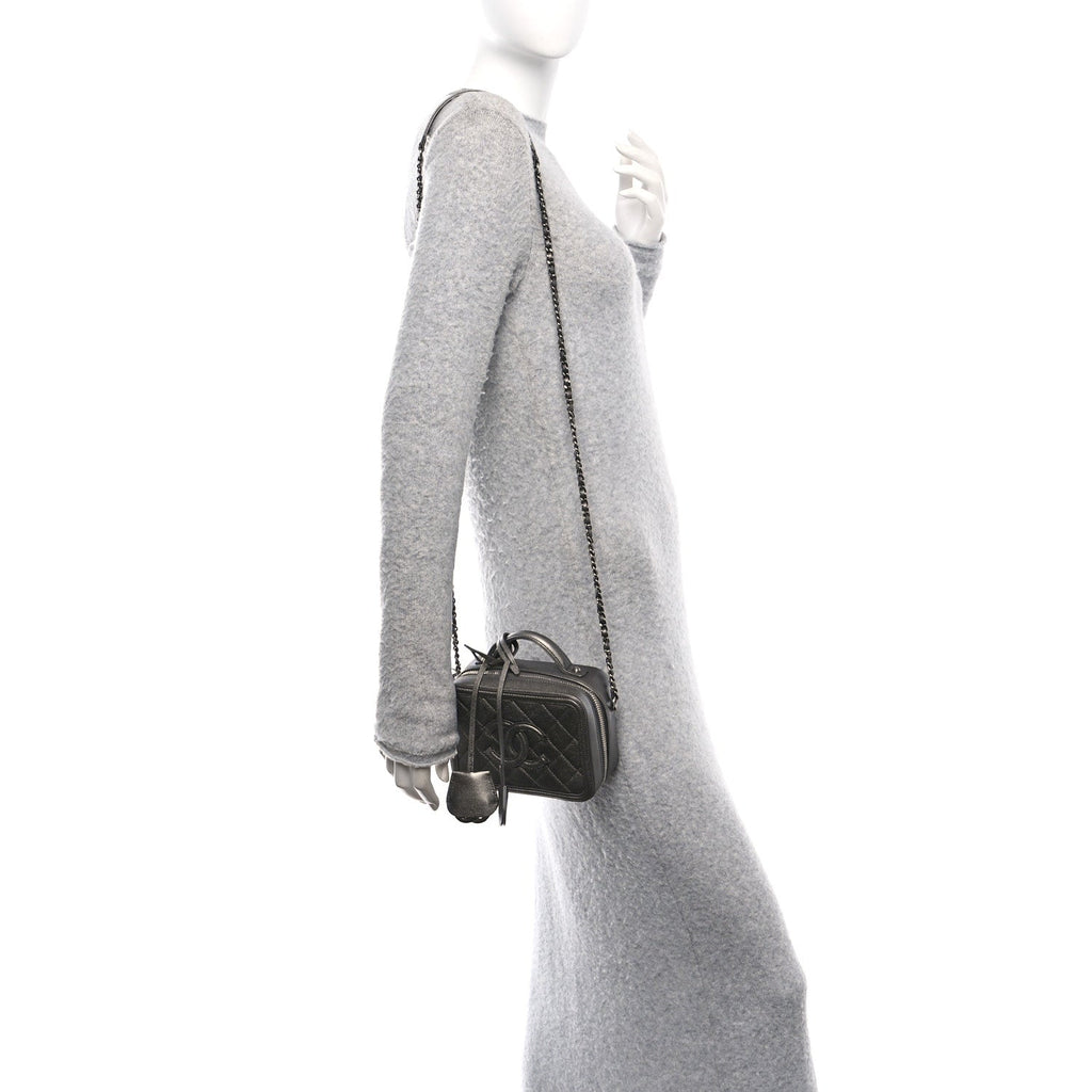 Chanel Metallic Caviar Quilted Small CC Filigree Vanity Case Dark Silver