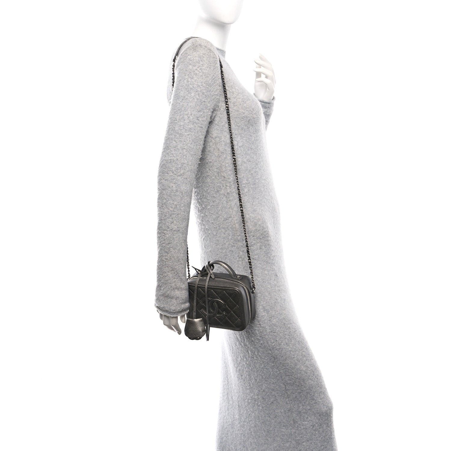 Chanel Metallic Caviar Quilted Small CC Filigree Vanity Case Dark Silver