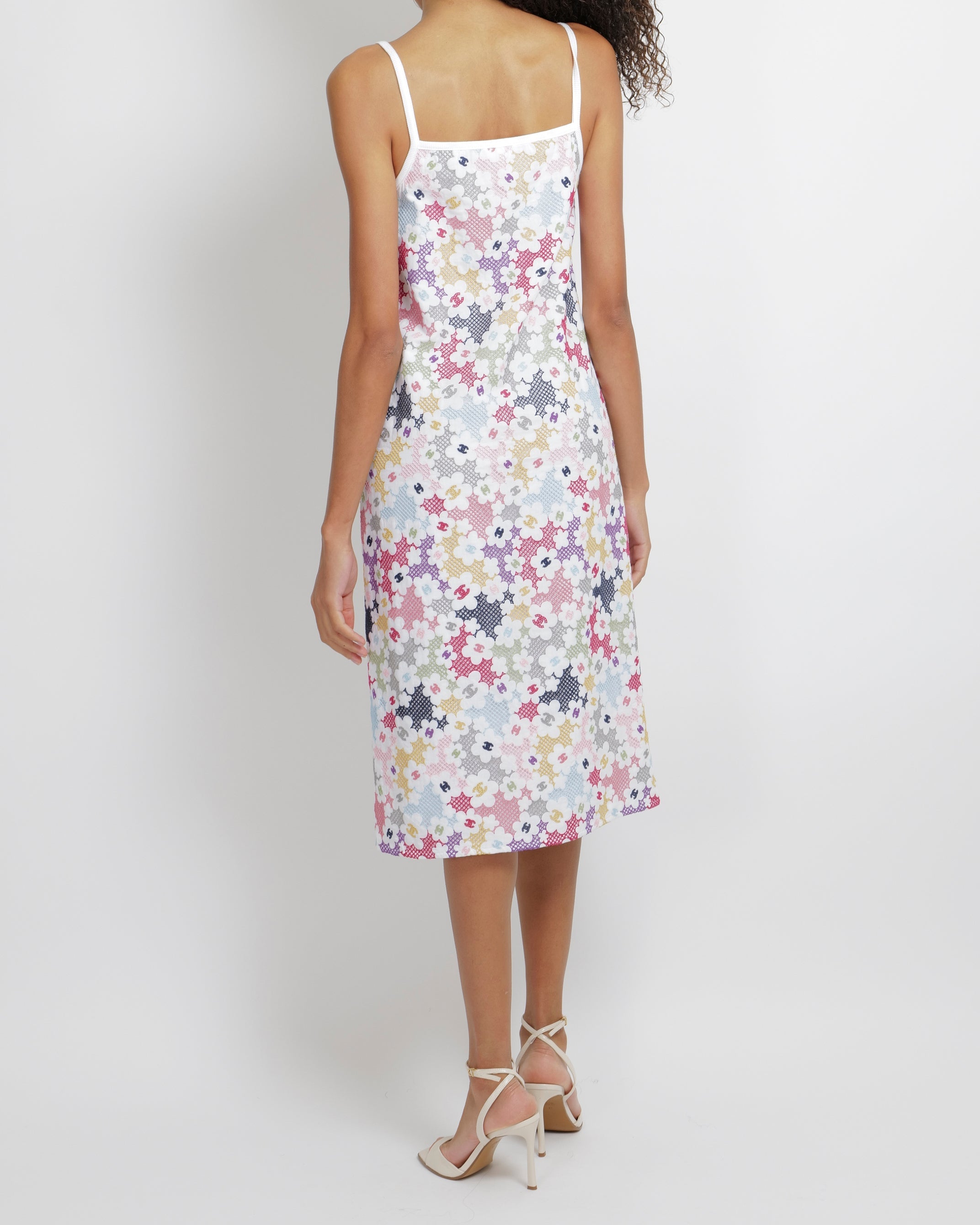 Chanel Pre-Spring 2024 White and Multicolour Embroidered Floral CC Logo Midi Dress Size FR 38 (UK 10)