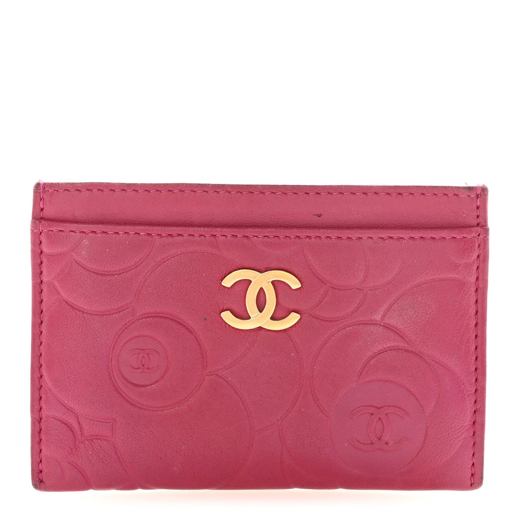 Lambskin Camellia Embossed Card Holder Fuchsia