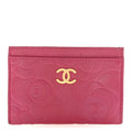 Lambskin Camellia Embossed Card Holder Fuchsia