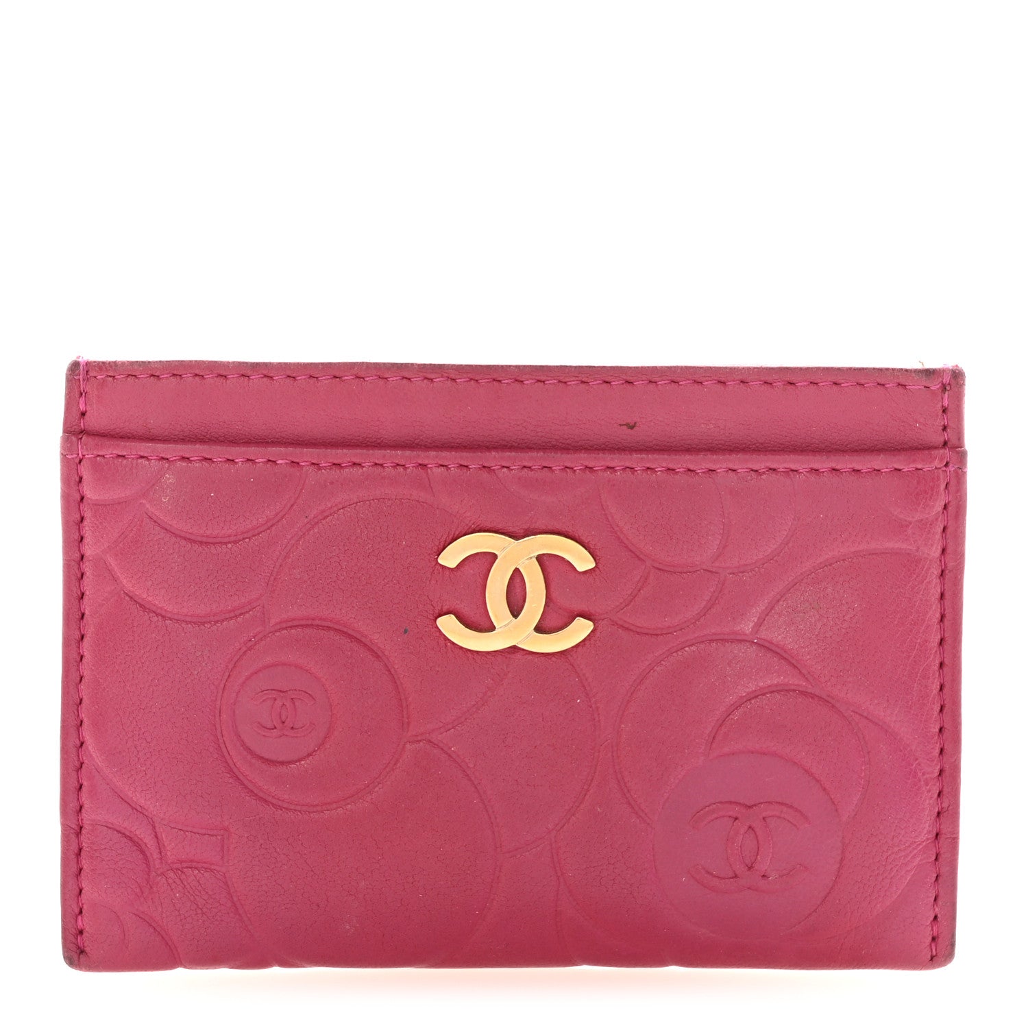 Lambskin Camellia Embossed Card Holder Fuchsia