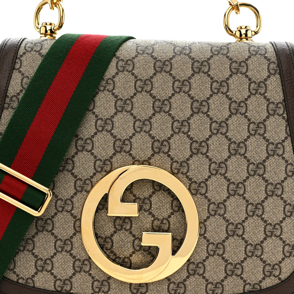 Gucci GG Supreme Monogram Textured Dollar Calfskin Web Medium Blondie Top Handle Shoulder Flap Bag Beige Ebony New Acero