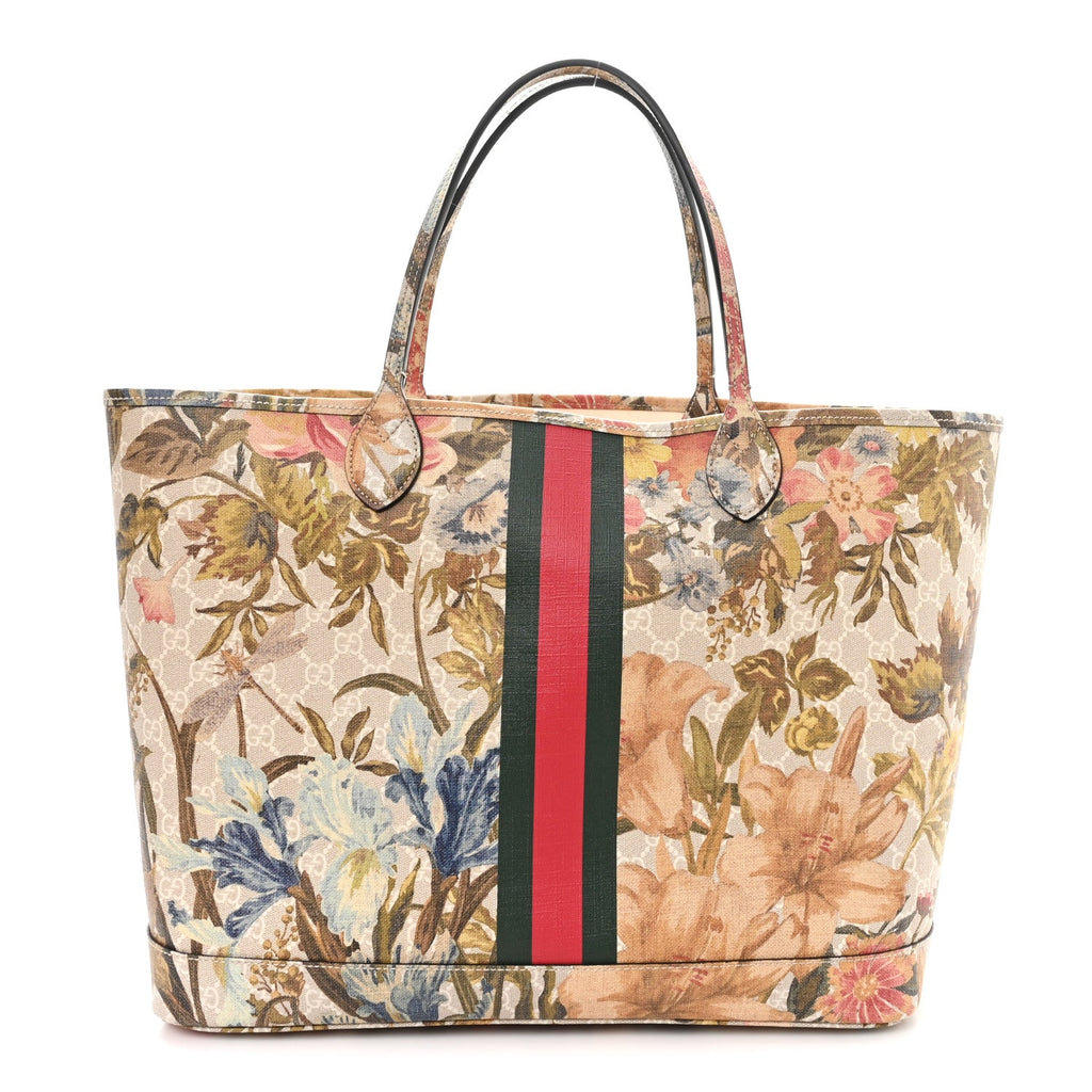 Gucci GG Supreme Monogram Water Flora Web Large Ophidia Tote Beige White Multicolor