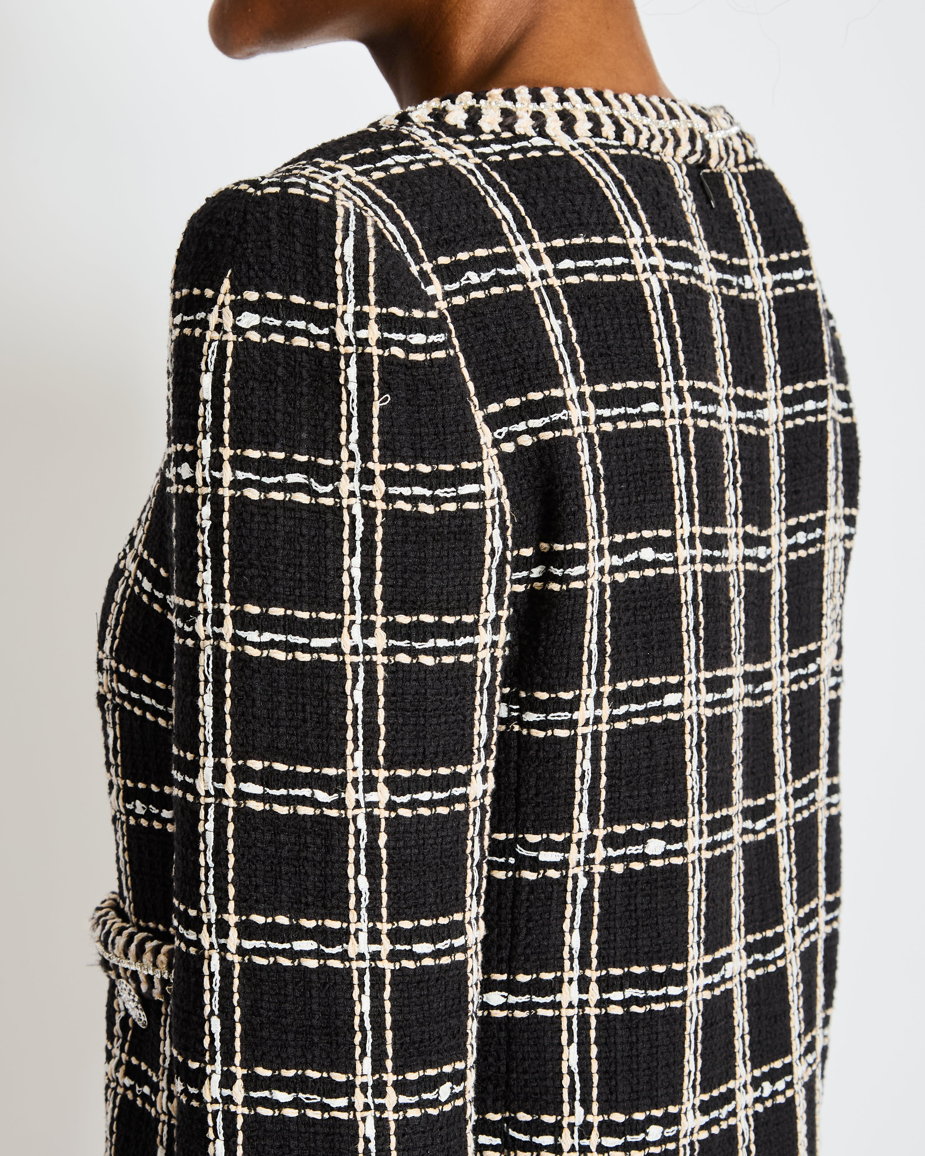 Chanel Cruise 2023 Black and White Tweed Mini Dress with Crystal Contrast Trim and Embellished Buttons Size FR 38 (UK 10)