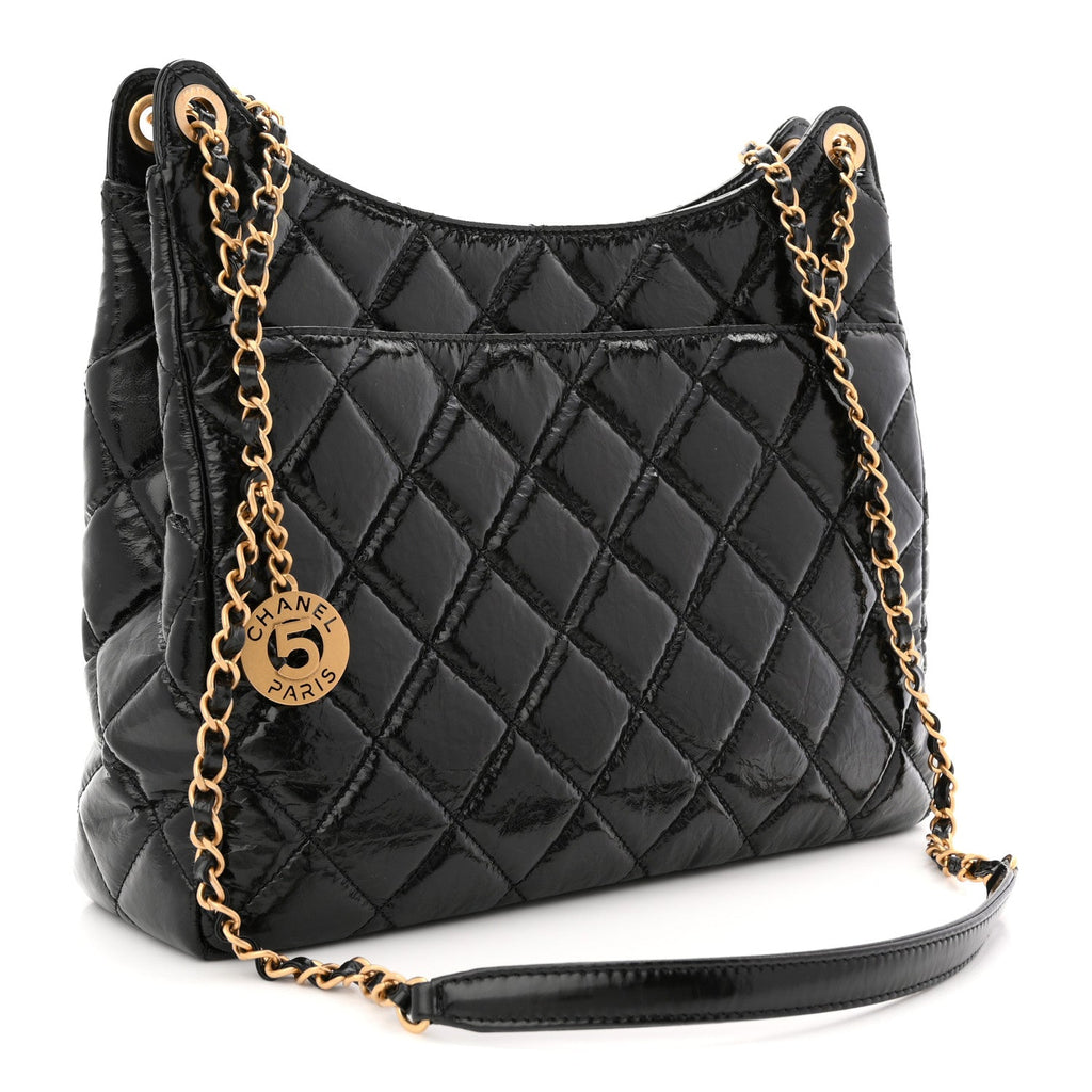 Chanel Shiny Crumpled Calfskin Quilted Large Wavy CC Hobo Black