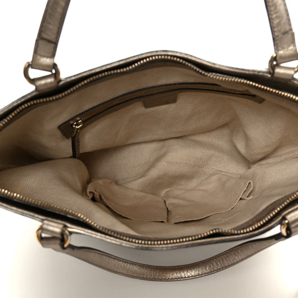 Gucci Metallic Pebbled Calfskin Small Soho Top Handle Bag Golden Beige